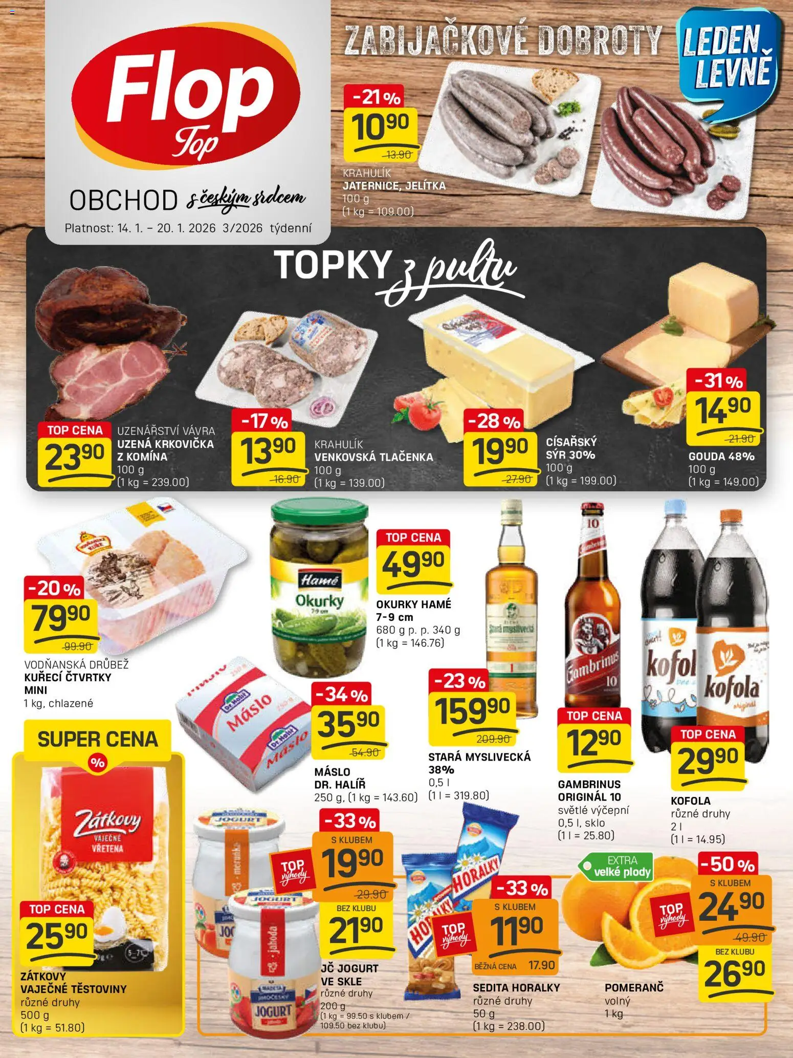 Flop leták - FlopTop od 14.01.2026 | Strana: 1 | Produkty: Gouda, Okurky, Horalky, Gambrinus