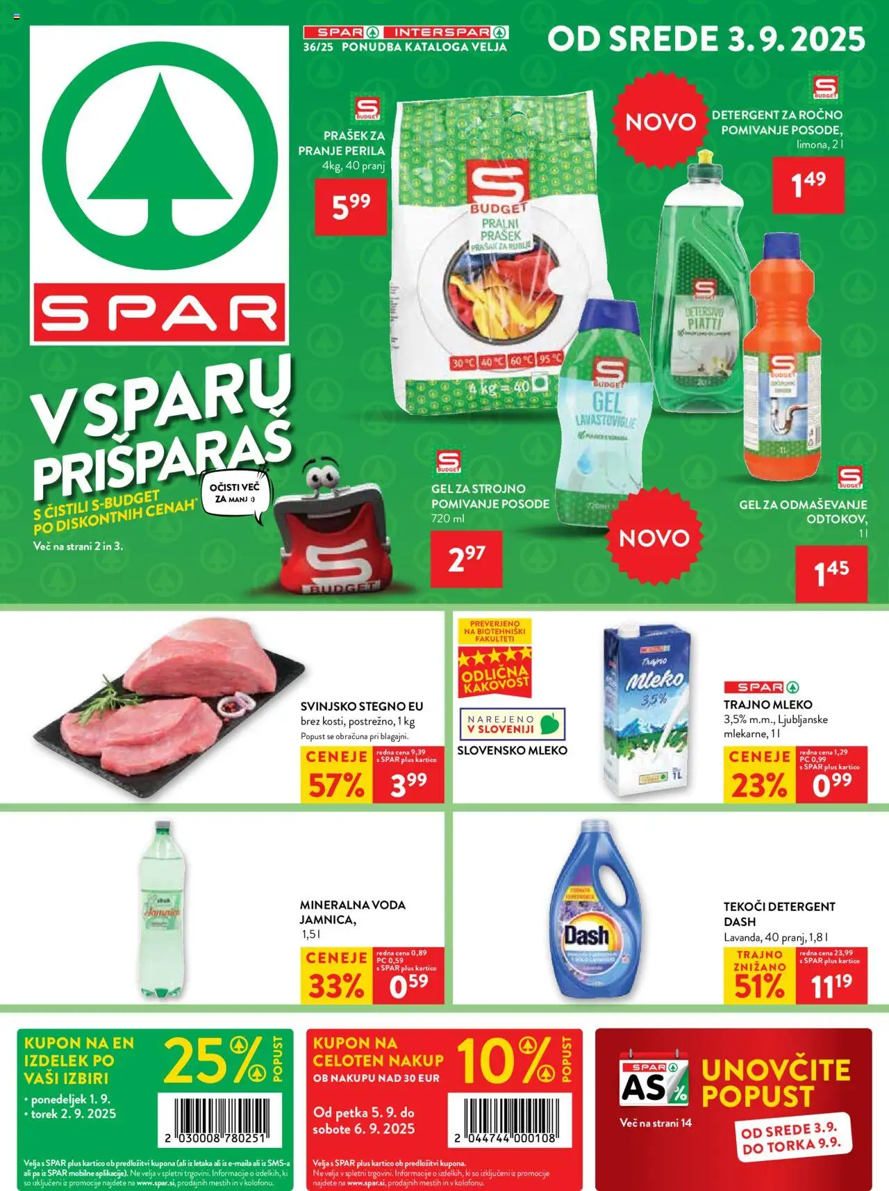 Spar katalog 36/25 │ velja od 03.09.2025 | Stran: 1 | Izdelki: Pralni prašek, Mleko, Detergent, Voda