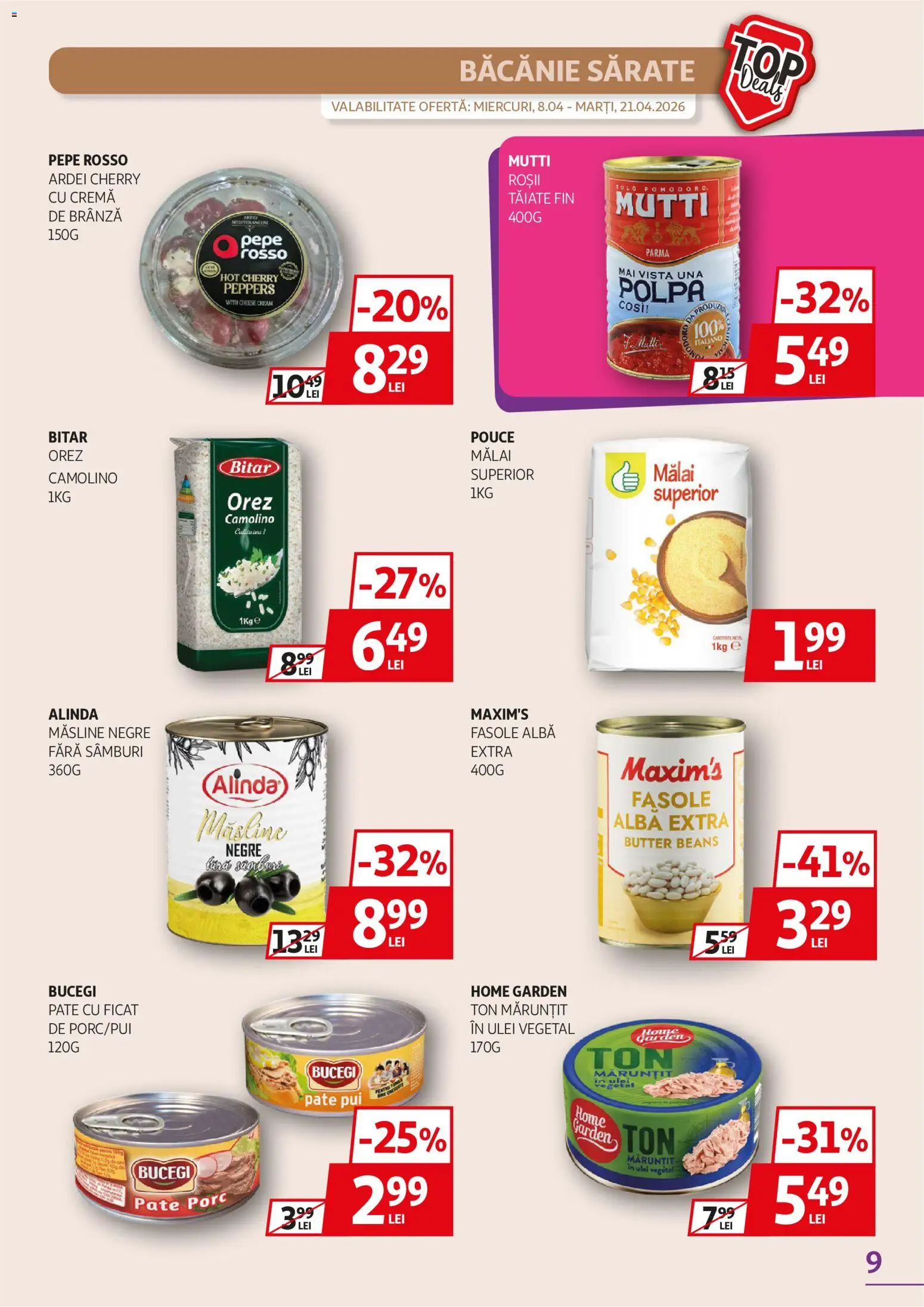 Noul catalog Auchan – valabil de la 08.04.2026 | Pagină: 9 | Produse: Măsline, Cremă, Ulei, Mălai