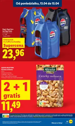 Pogląd oferty "Pepsi, Pepsi Zero lub Pepsi Twist, Czterosztuk, 4 x 2 L + kaucja 2,00 zł" - ważna od 13.04.2026 | Strona: 13 | Produkty: Pepsi, Orzechy