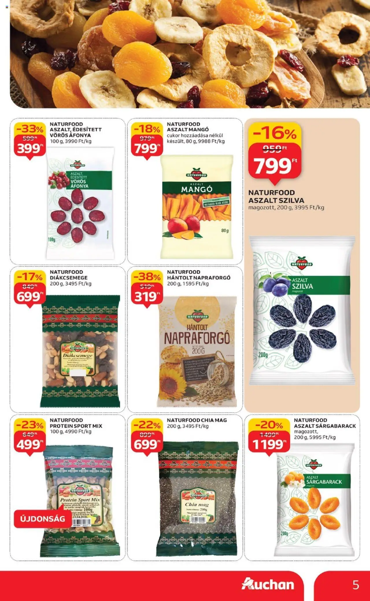 Auchan akciós ujság - amely érvényes a következő dátumtól: 18.09.2025 | Oldal: 5 | Termékek: Áfonya, Chia mag, Mangó, Vörös áfonya