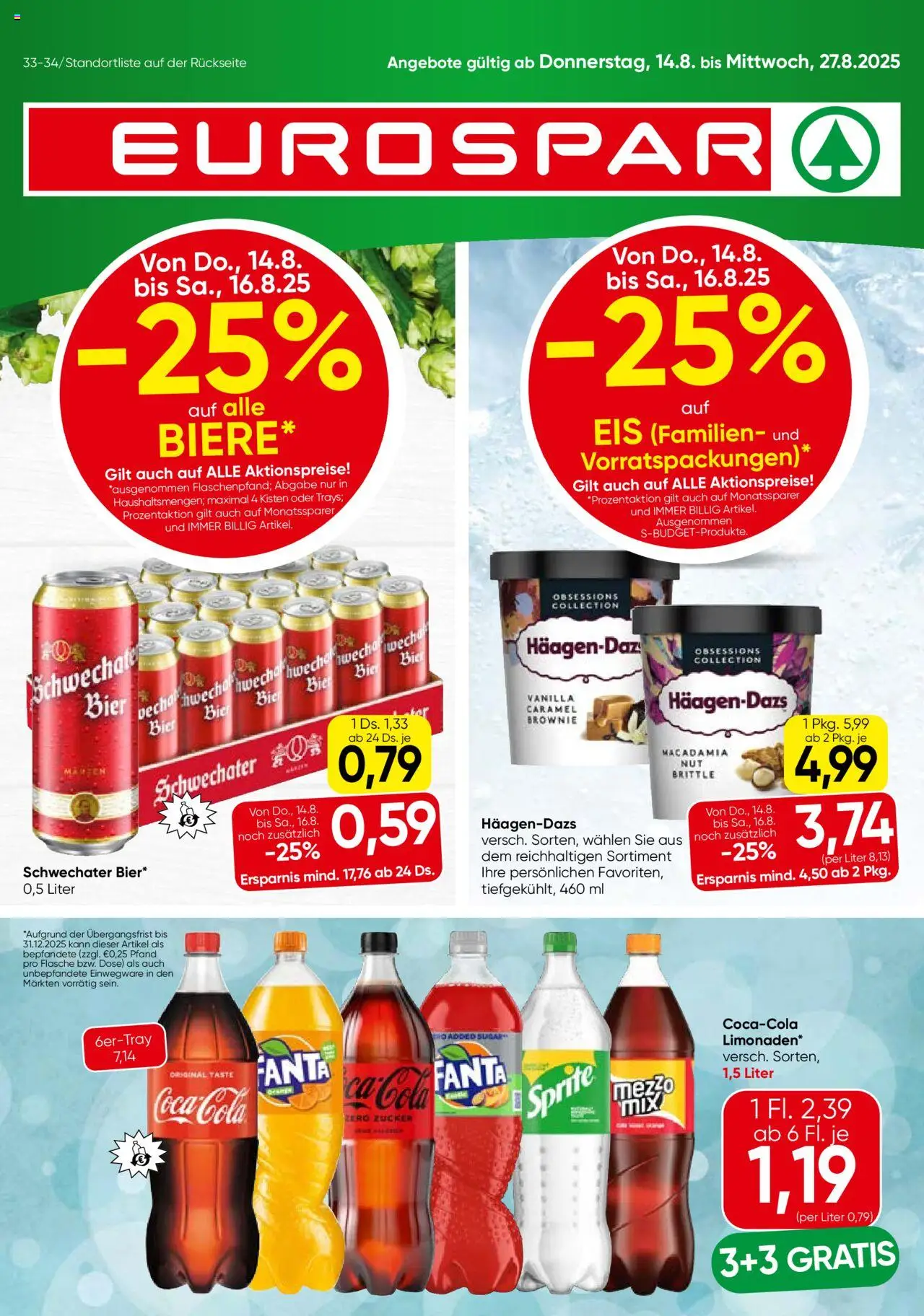 Eurospar Flugblatt gültig ab 14.08.2025 | Seite: 1 | Produkte: Eis, Zucker, Bier