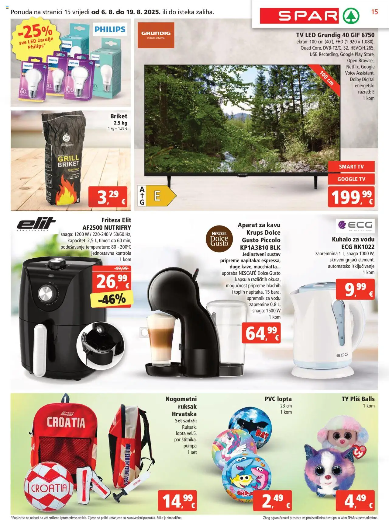Spar katalog | vrijedi od 06.08.2025 | Stranica: 15 | Proizvodi: Smart TV, Žarulje, Ruksak, Grill briket
