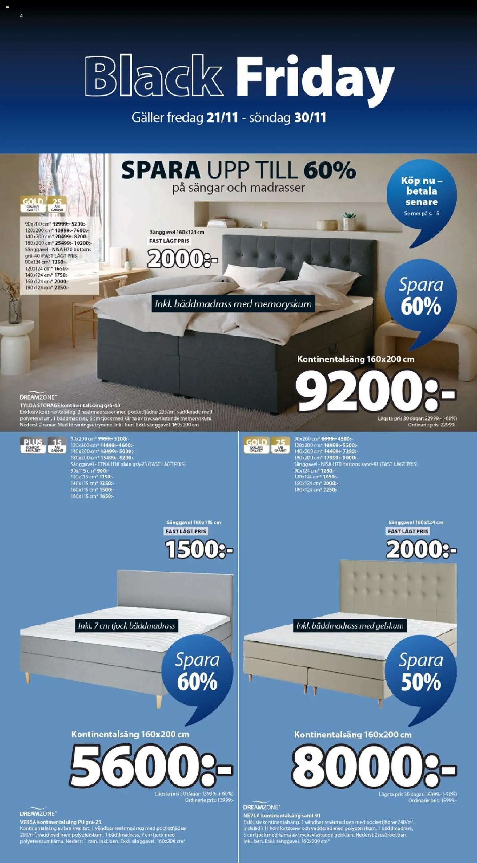 JYSK reklamblad aktuell från 21.11.2025 | Sida: 4 | Produkter: Bäddmadrass, Resårmadrass, Sänggavel, Galler