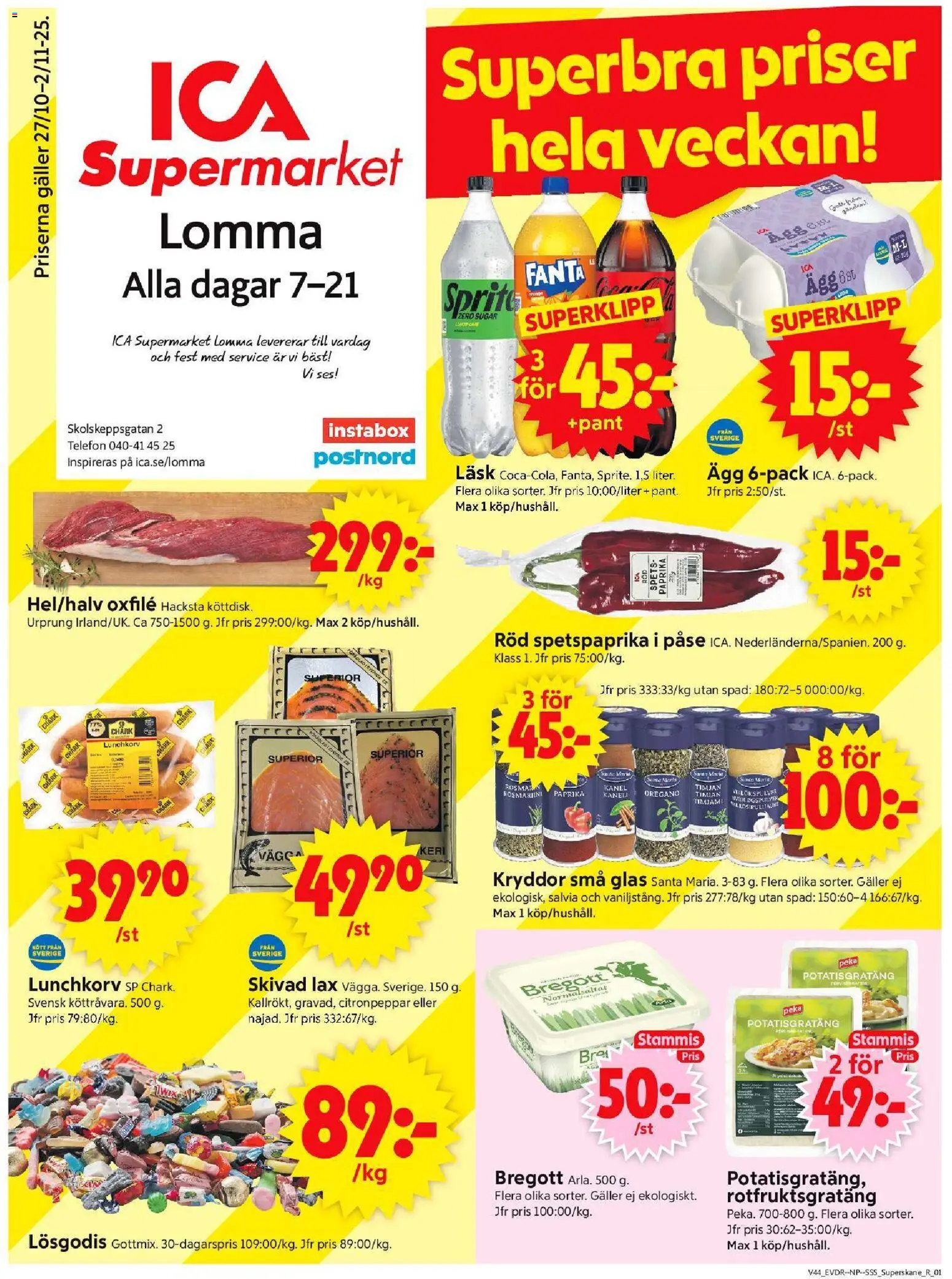 ICA Supermarket reklamblad aktuell från 27.10.2025 | Sida: 1 | Produkter: Bregott, Citronpeppar, Oxfilé, Telefon