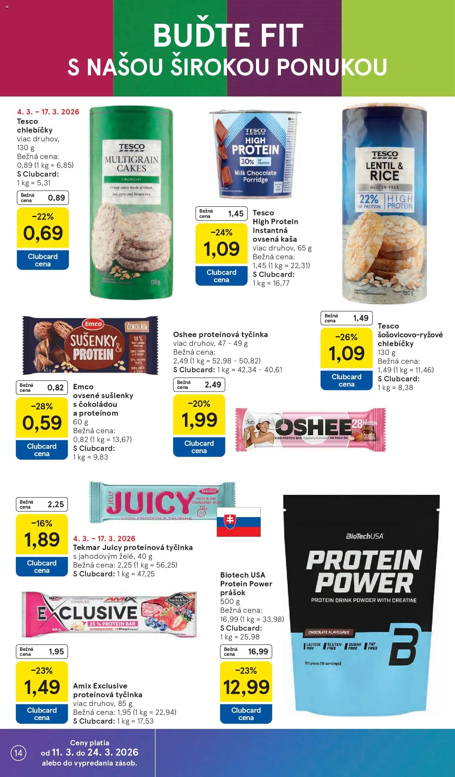Nové Tesco akcie – leták je platný od 11.03.2026 | Strana: 14 | Produkty: Protein, Čokoláda