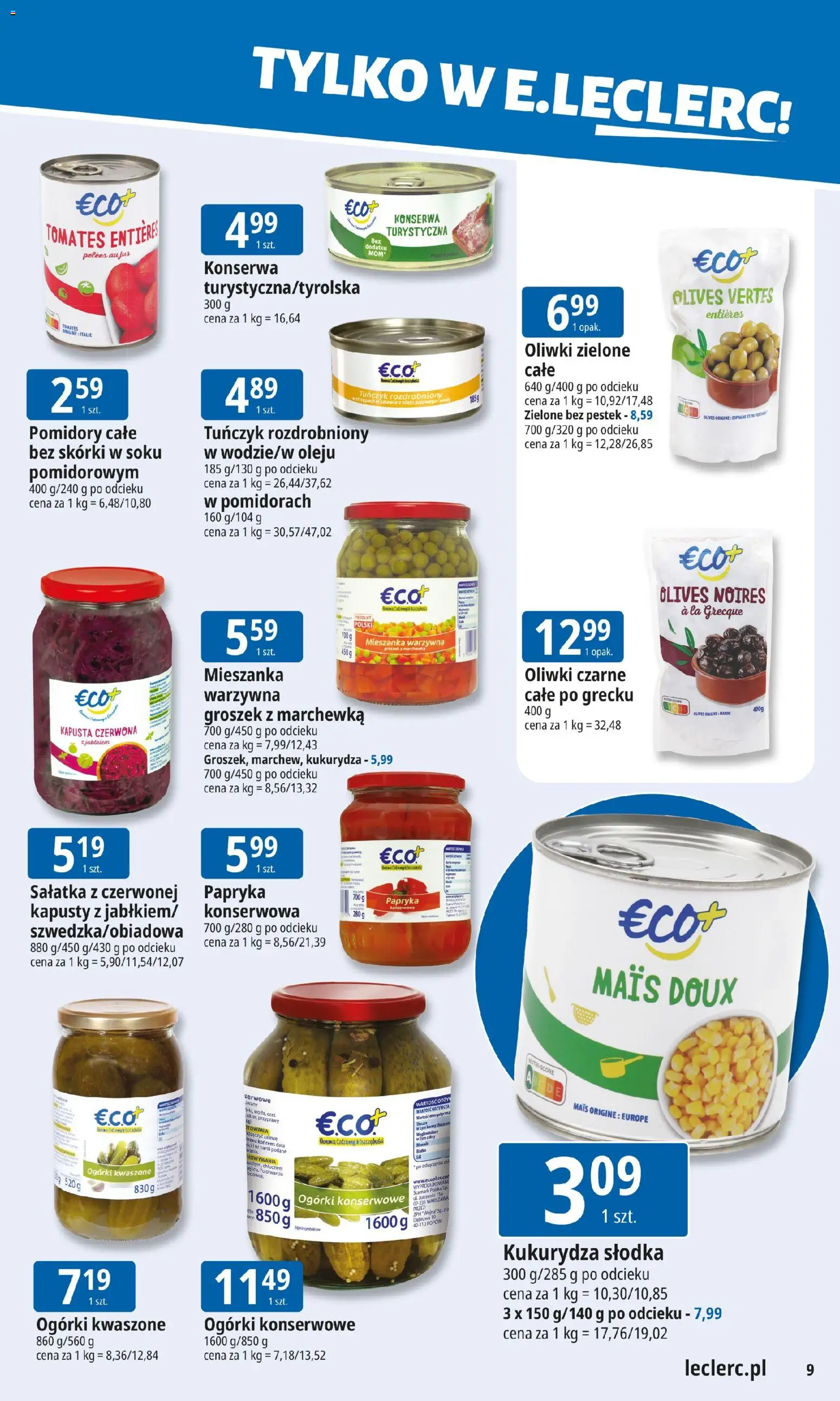 E.Leclerc Gazetka od 19.01.2026 | Strona: 9 | Produkty: Oliwki zielone, Ogórki, Sałatka, Przyprawy