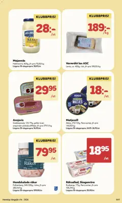 Varmrökt lax ASC, Leroy, ca 400g, i bit, jfr-pris 189,00/kg - Förhandsvisning av reklamblad från butik Hemköp aktuell från 30.03.2026 | Sida: 5