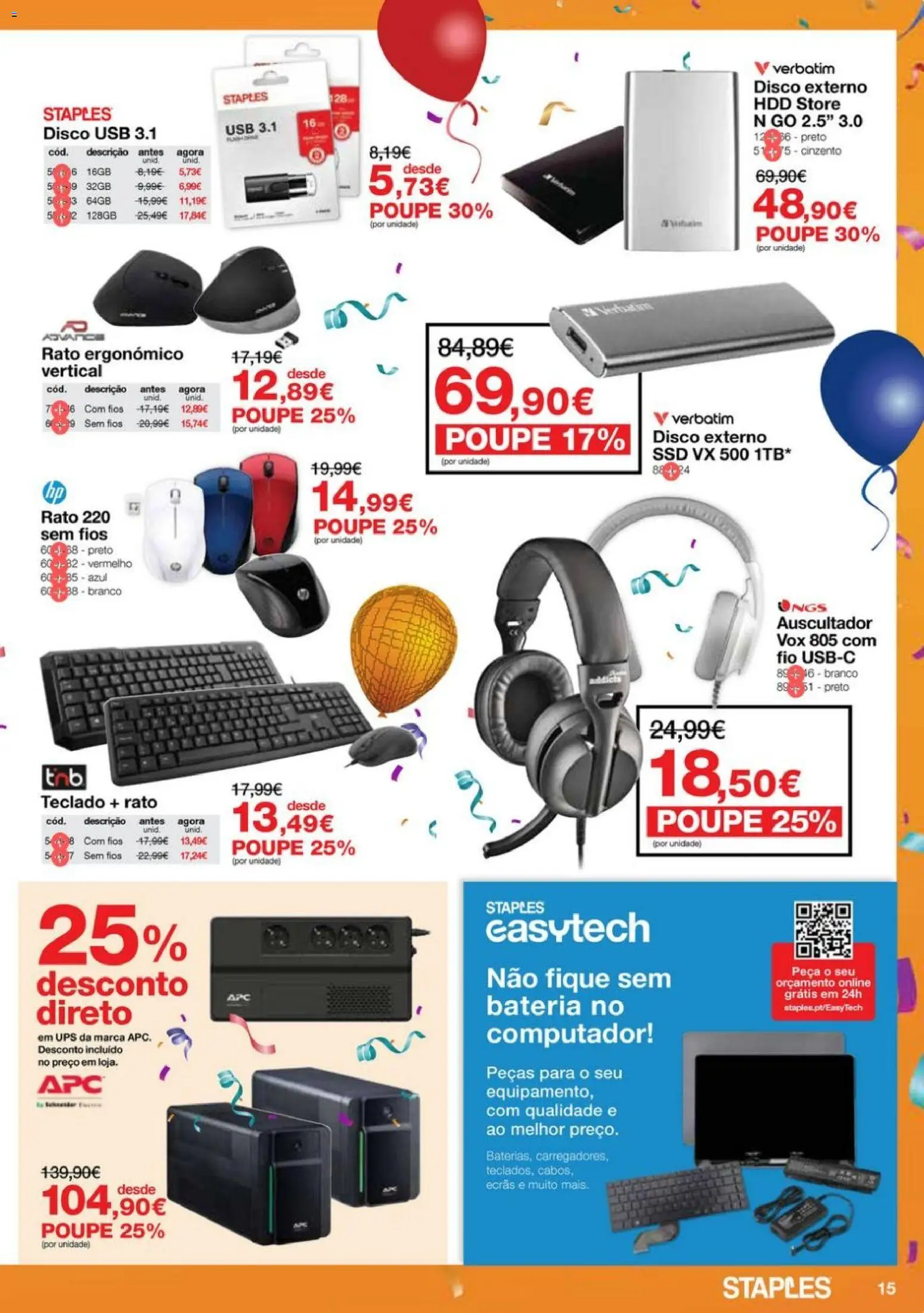 Staples - Festa das Cadeiras e Mobiliário │ válido de 06.11.2025 | Página: 15 | Produtos: Computador, Teclado, USB, Bateria