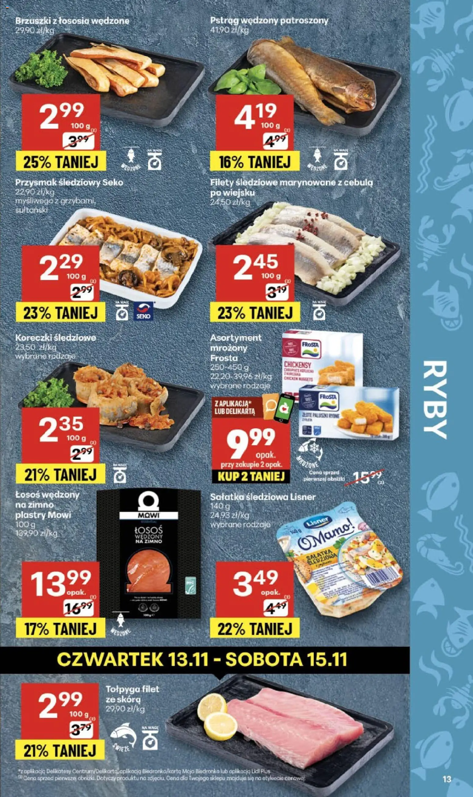 Delikatesy Centrum Gazetka od 13.11.2025 | Strona: 13 | Produkty: Pstrąg, Pstrąg wędzony, Delikatesy, Sałatka