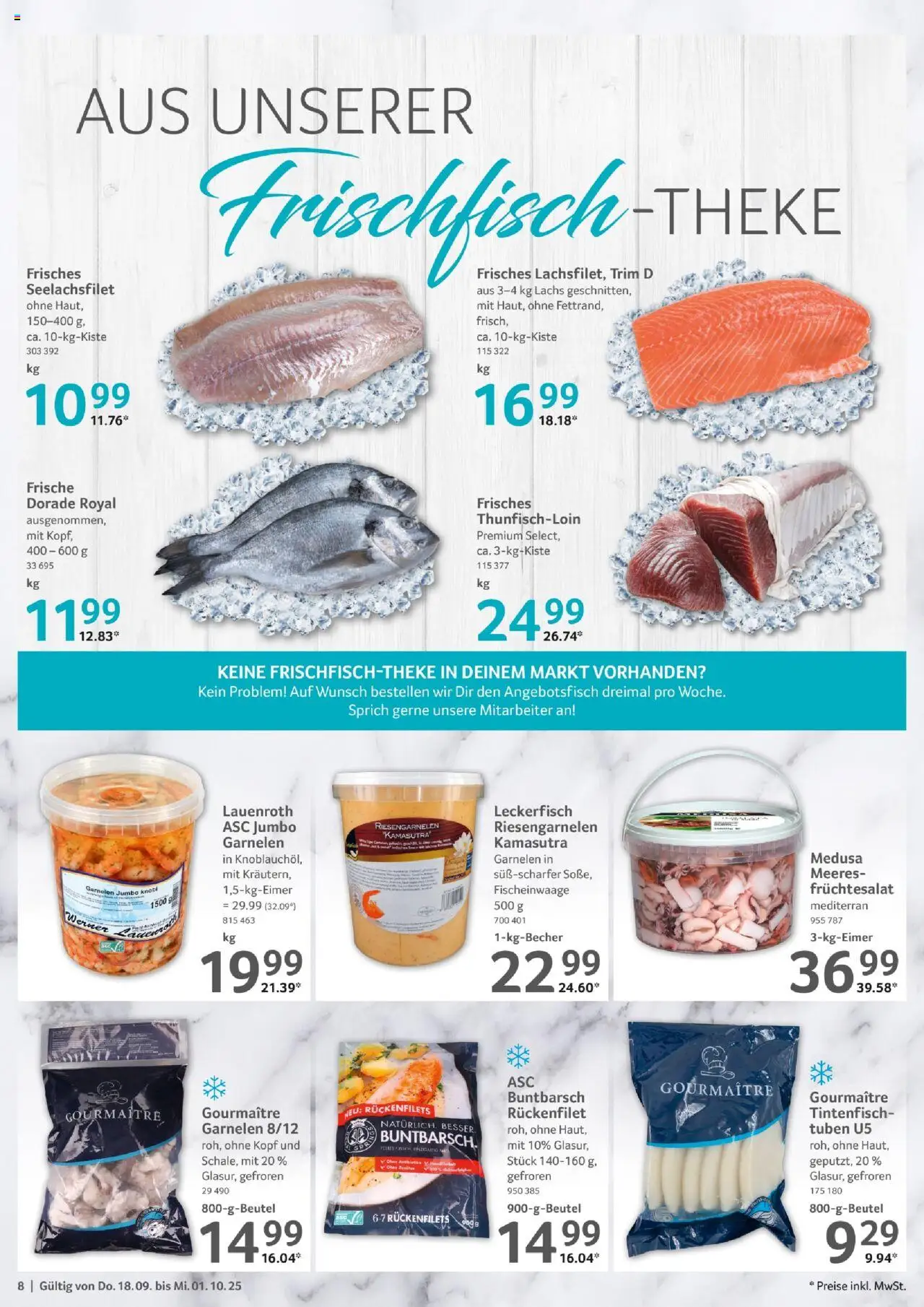 Selgros Gastronomie – gültig ab 18.09.2025 | Seite: 8 | Produkte: Dorade, Garnelen, Tintenfisch, Lachs