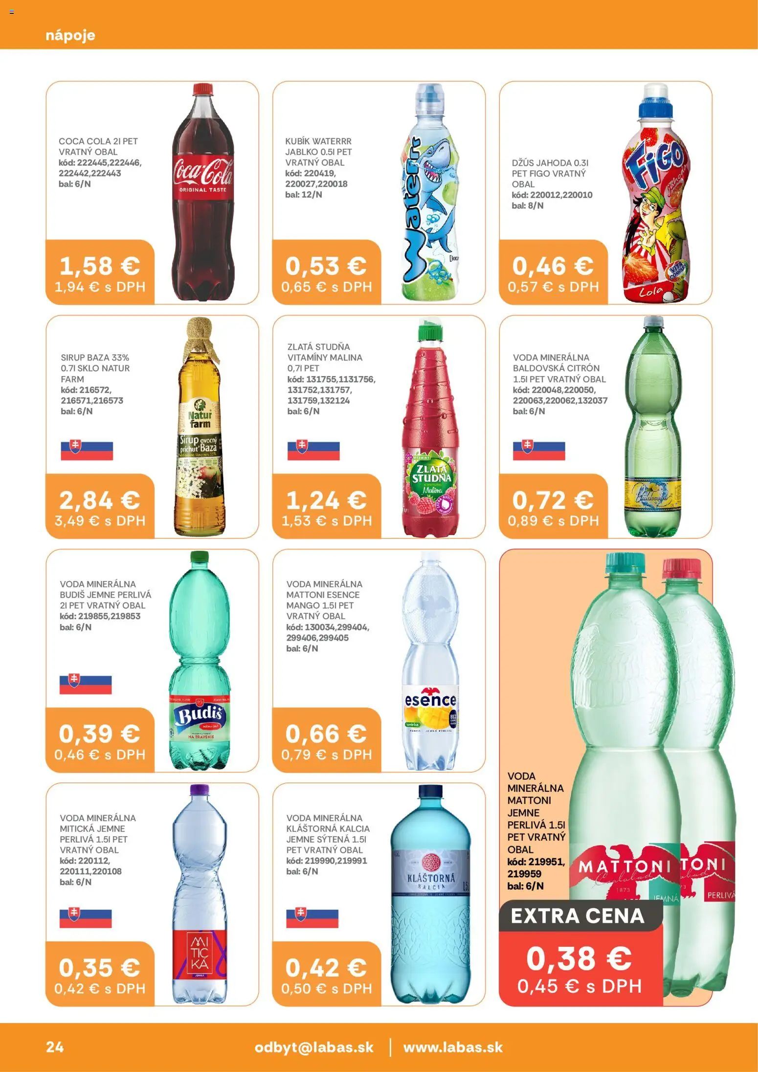 Nové Labaš akcie – leták je platný od 24.04.2026 | Strana: 24 | Produkty: Mattoni, Voda, Mango, Cola