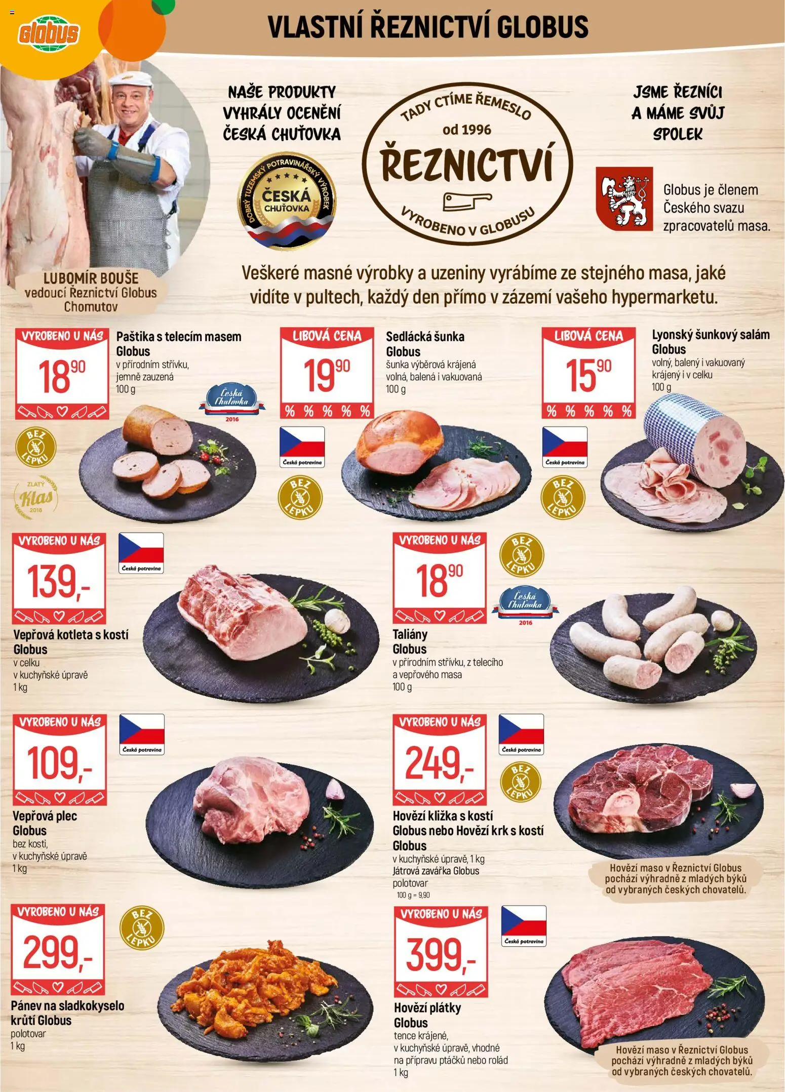 Globus leták - Chomutov od 18.02.2026 | Strana: 5 | Produkty: Hovězí maso, Hovězí kližka, Šunkový salám, Paštika