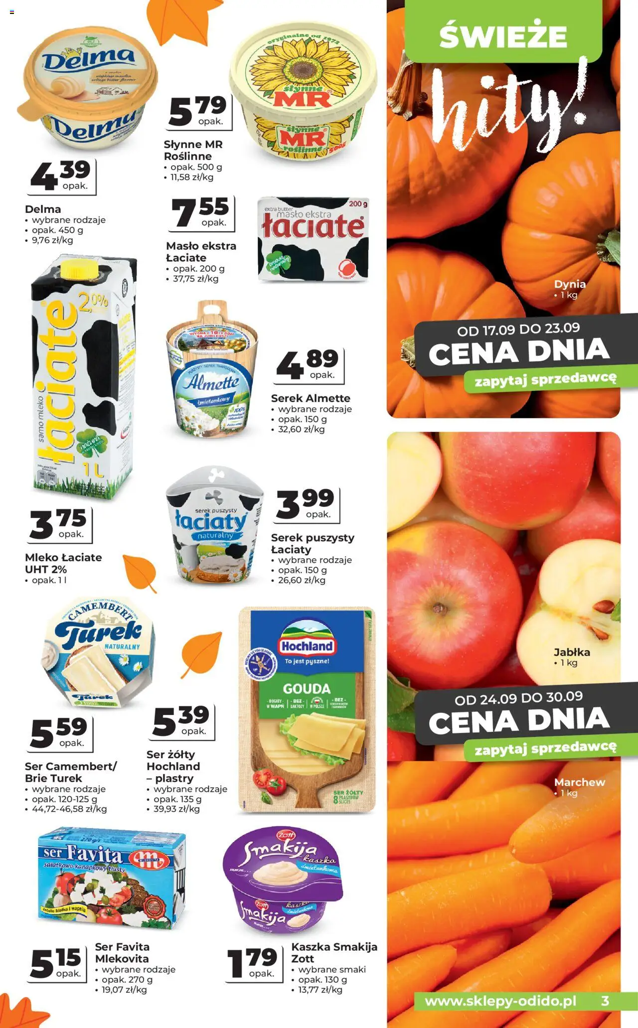 Odido Gazetka od 17.09.2025 | Strona: 3 | Produkty: Ser żółty, Dynia, Camembert, Ser