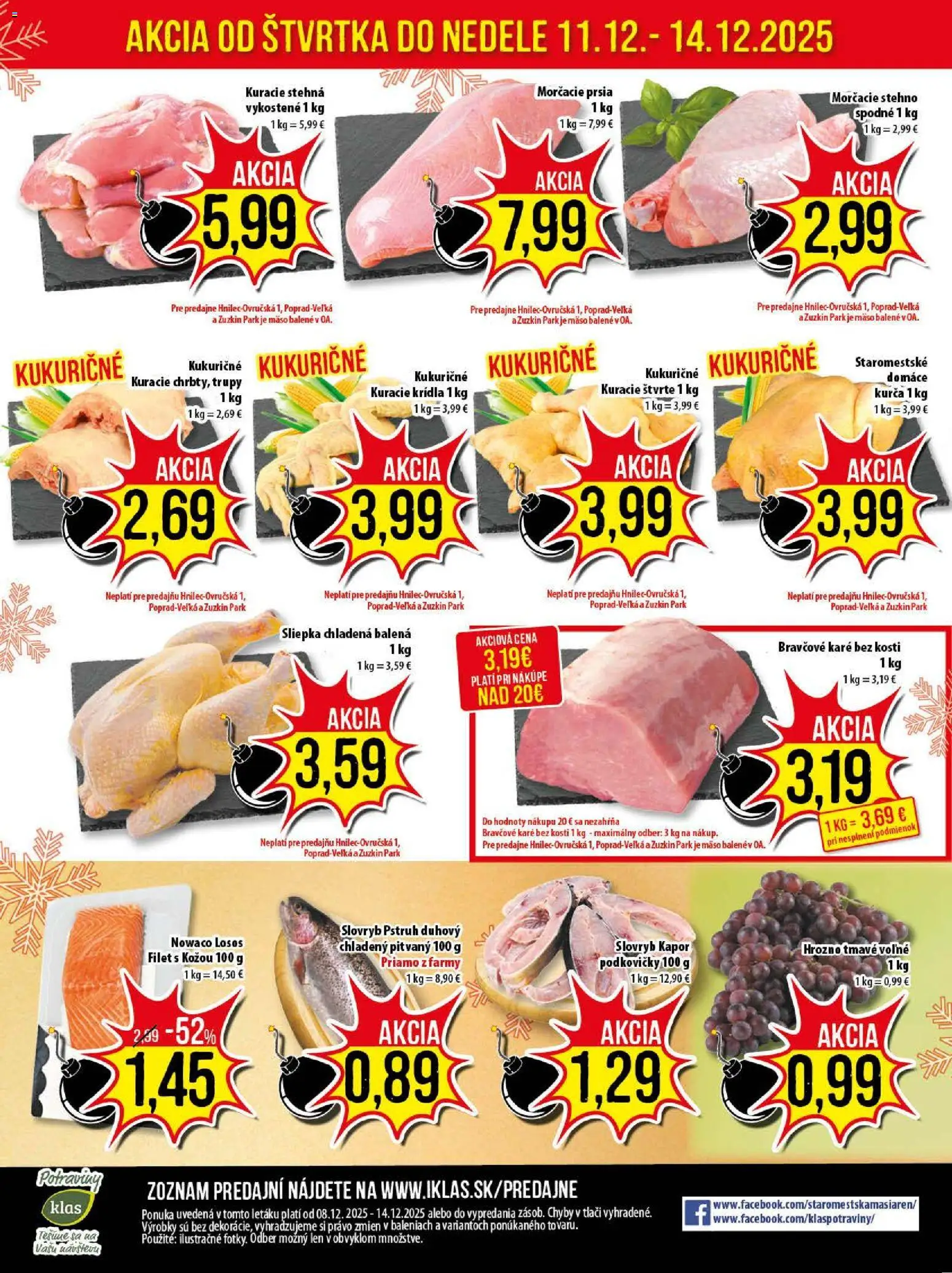 Nové Klas akcie – leták je platný od 08.12.2025 | Strana: 25 | Produkty: Pstruh, Kuracie krídla, Bravčové karé, Hrozno
