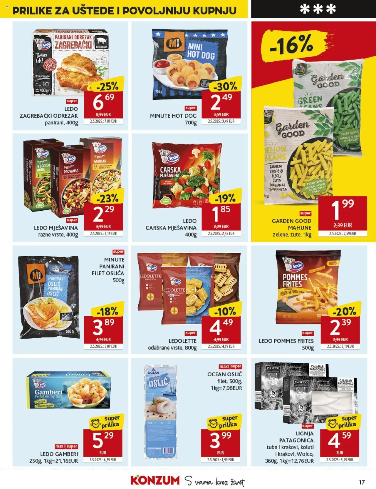 Konzum katalog | vrijedi od 22.10.2025 | Stranica: 17 | Proizvodi: Gamberi, Pommes frites, Oslić, Lignja Patagonica