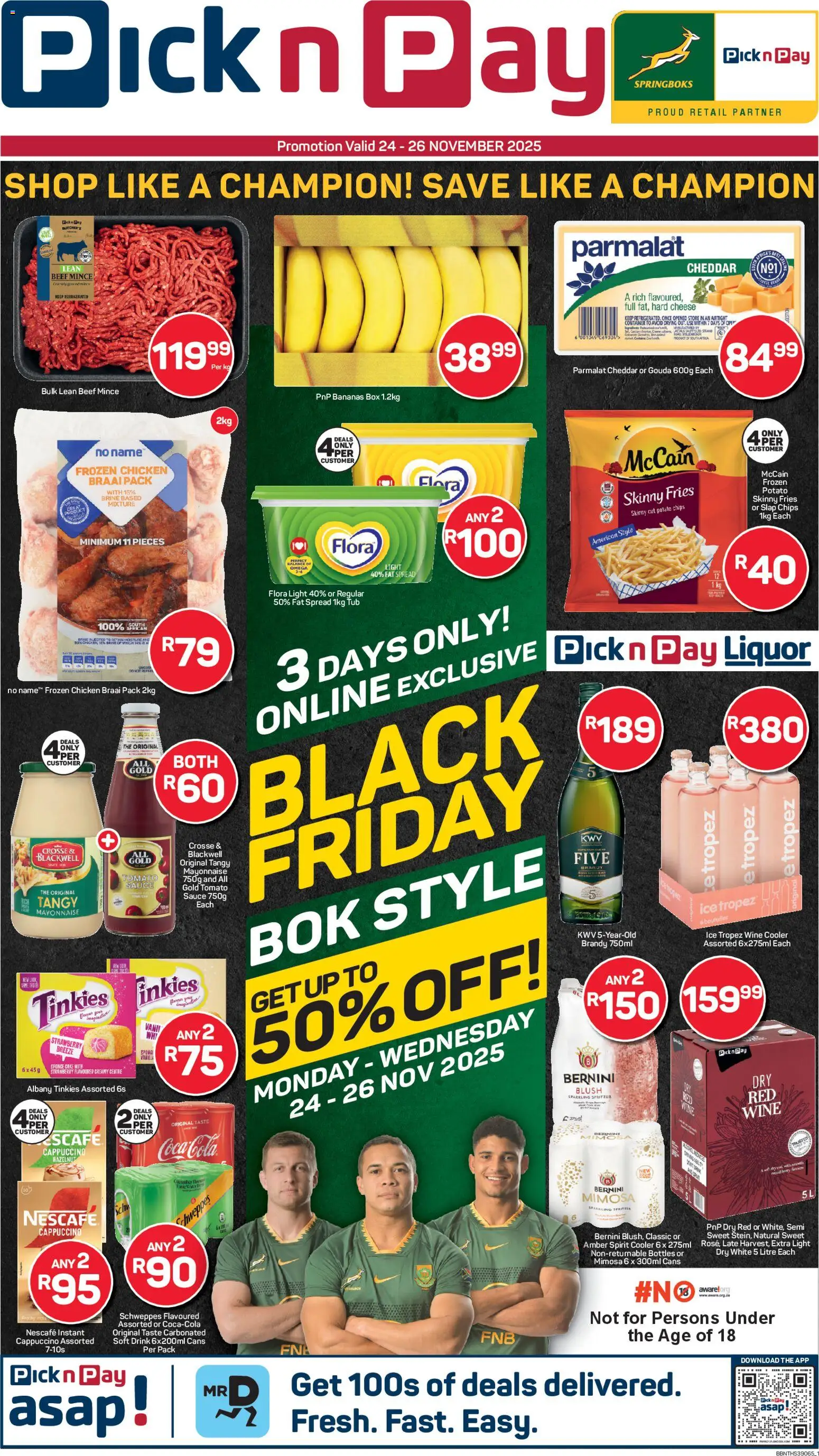 New Pick n Pay catalogue – valid from 24.11.2025 | Page: 1 | Products: Brandy, Cooler, Cheese, Bananas