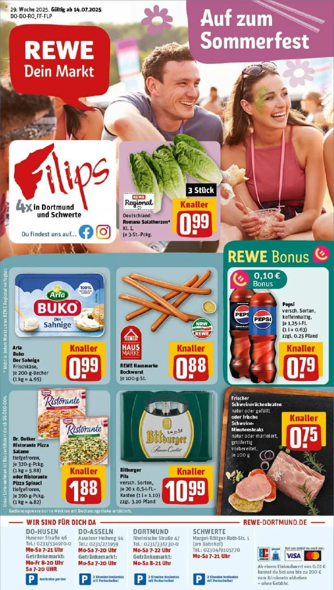 Rewe prospekt Dortmund	 - gültig ab dem 14.07.2025 | Seite: 1 | Produkte: Ristorante, Bockwurst, Pils, Pepsi
