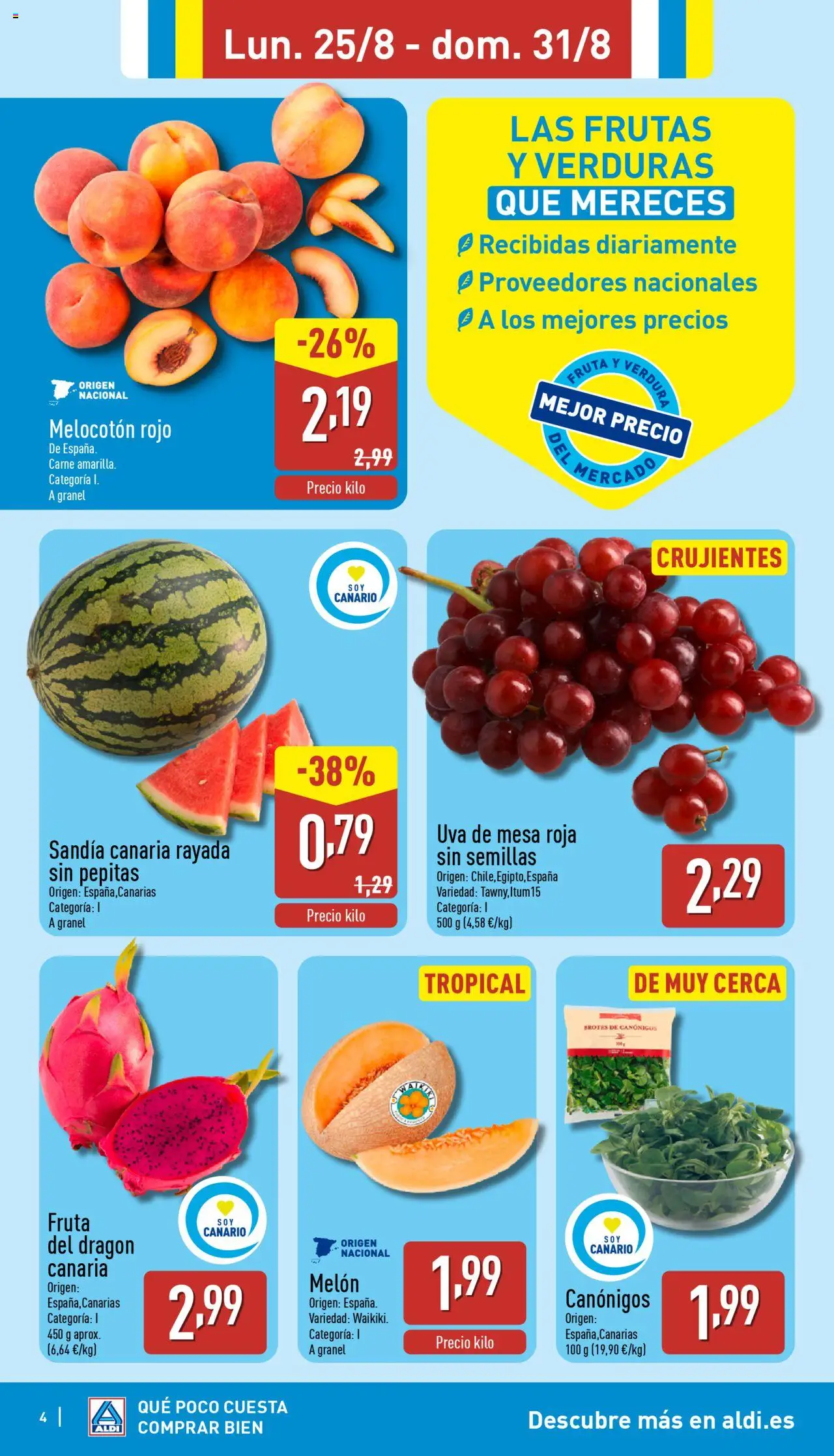 Aldi folleto Canarias │ válido desde el 25.08.2025 | Página: 4 | Productos: Φορτιστής, Melocotón rojo, Sandía, Mesa