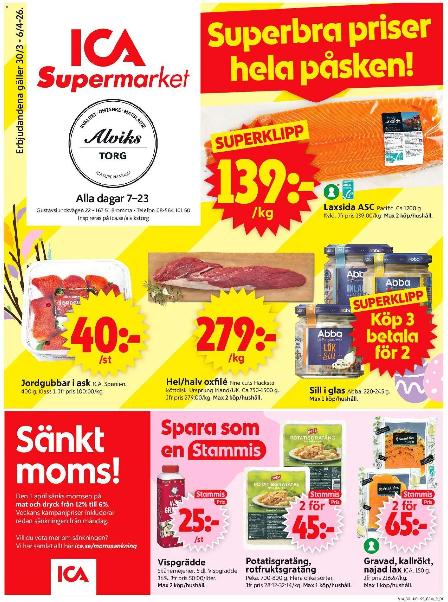 ICA Supermarket reklamblad aktuell från 30.03.2026 | Sida: 1 | Produkter: Gem, Sill, Telefon, Vispgrädde