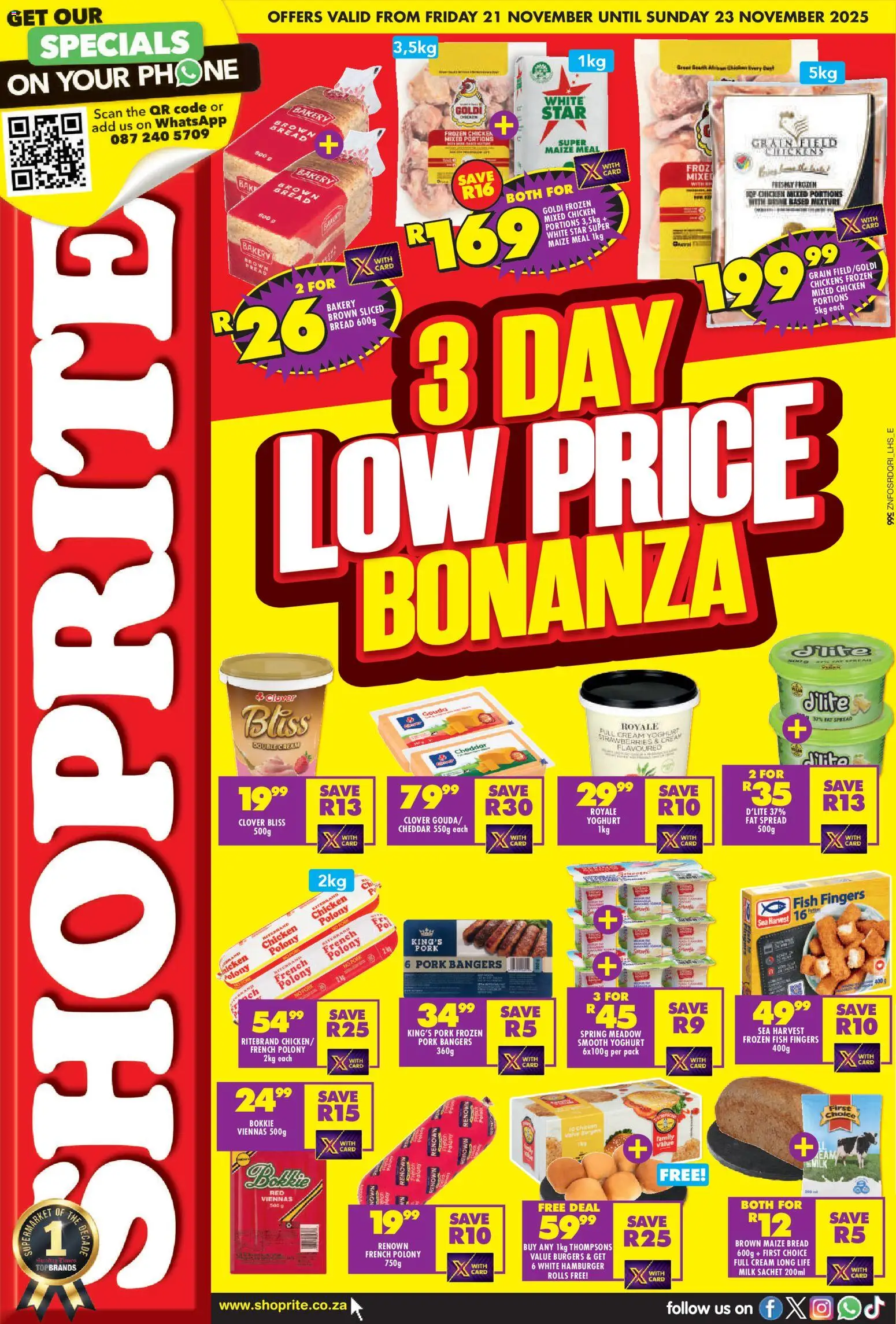 New Shoprite catalogue – valid from 21.11.2025 | Page: 1 | Products: Milk, Chicken, Fish, Burgers