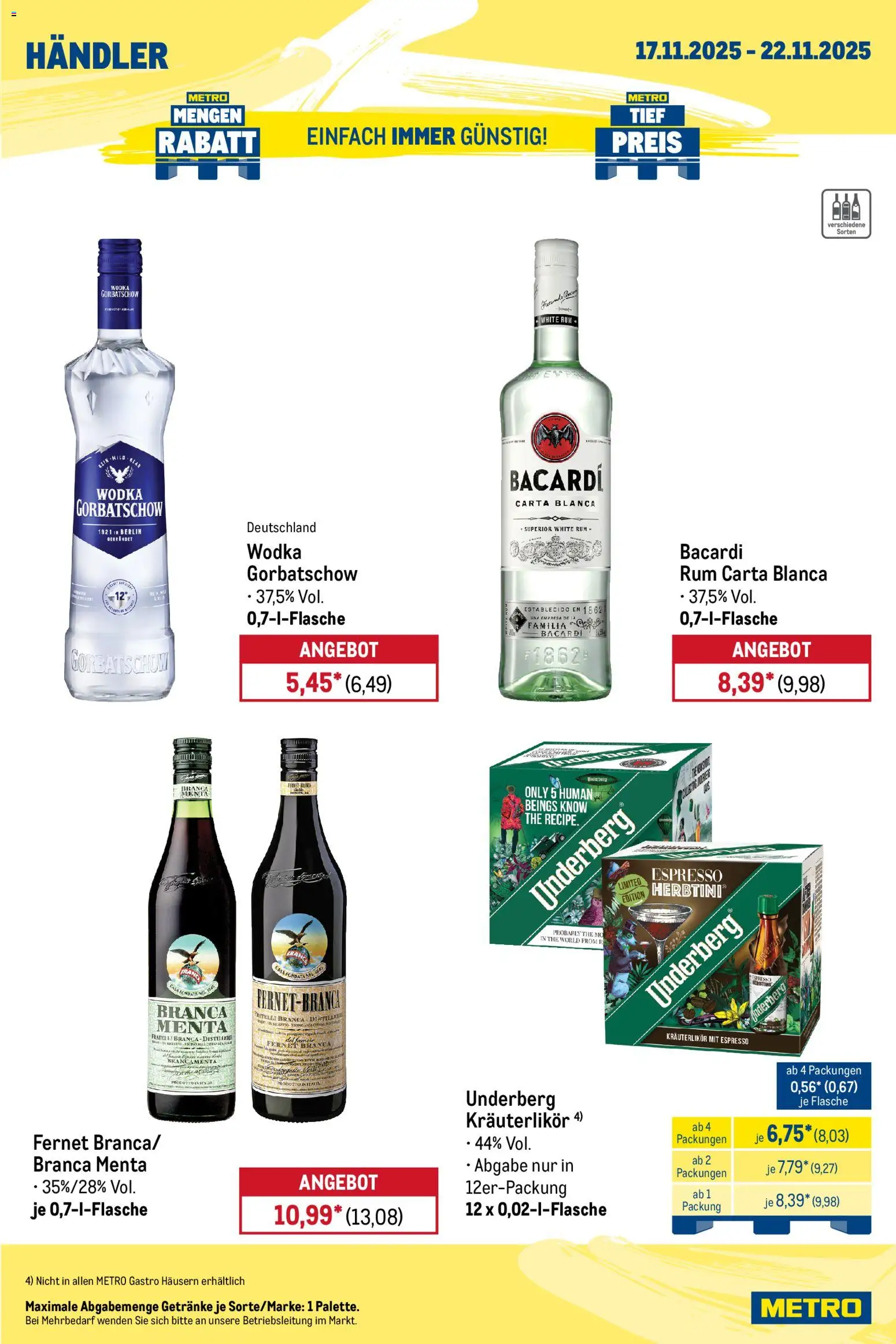 Metro Wochen-Angebote Händler – gültig ab 17.11.2025 | Seite: 7 | Produkte: Rum, Wodka gorbatschow, Wodka, Fernet branca