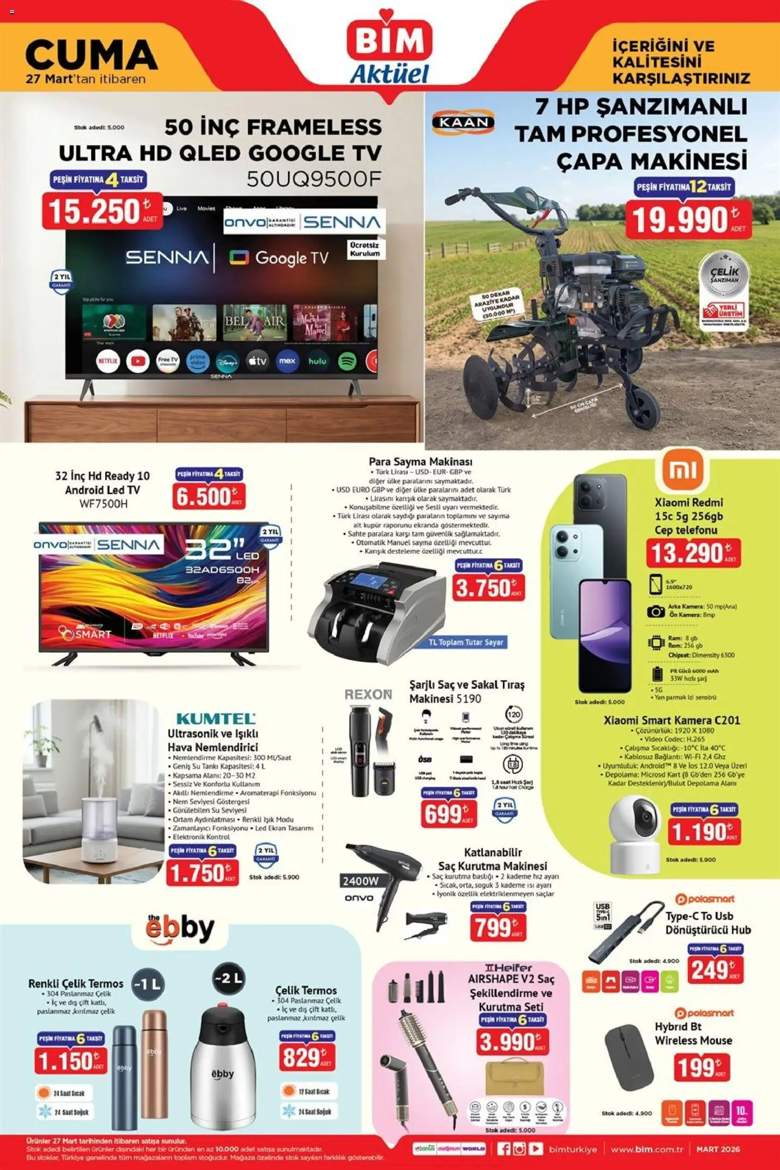 BİM - Katalog Cuma - 27.03.2026 tarihinden itibaren geçerlidir | Sayfa: 3 | Ürünler: Saç kurutma makinesi, Su, TV, USB