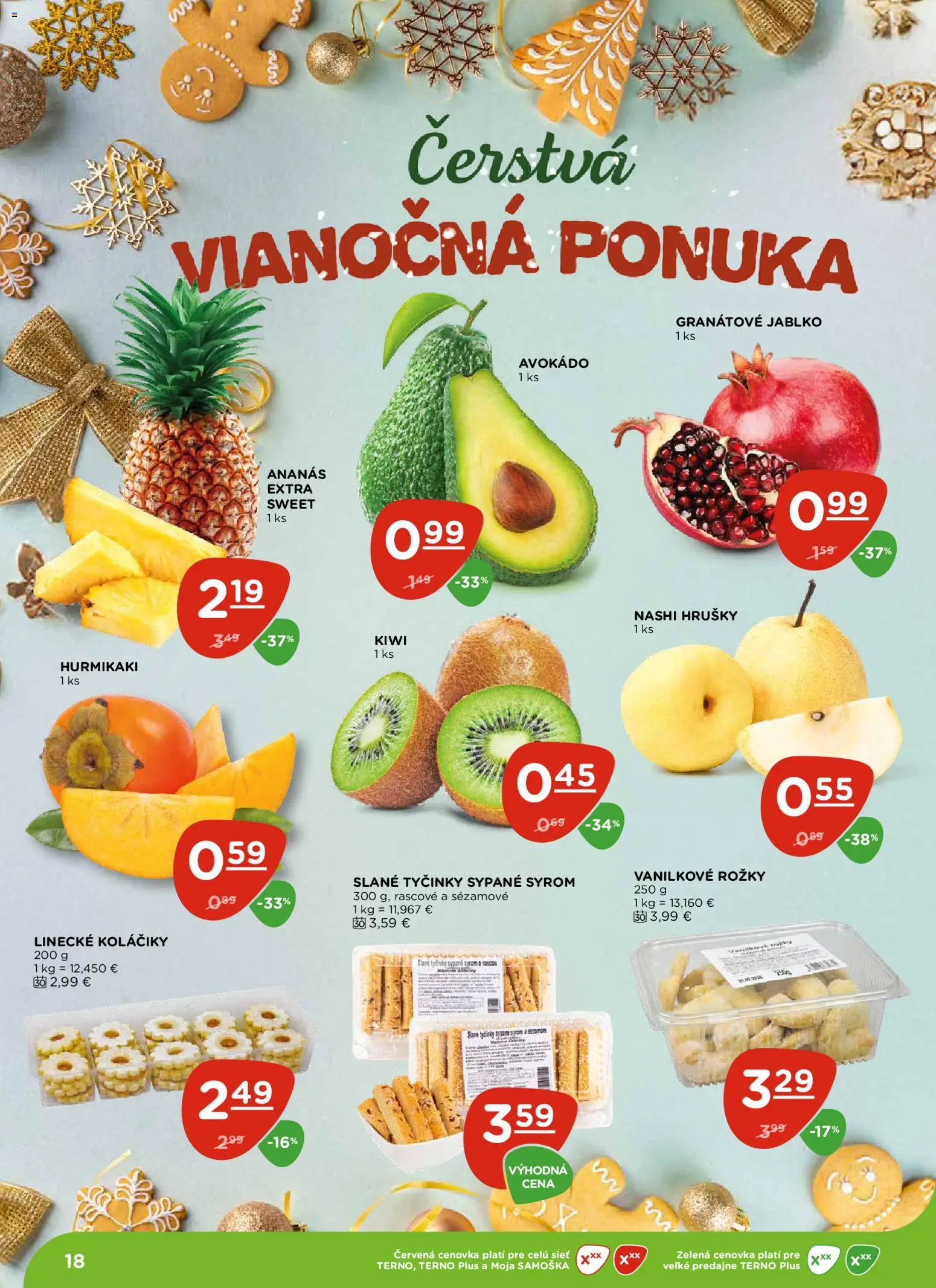 Nové Terno akcie – leták je platný od 11.12.2025 | Strana: 18 | Produkty: Hurmikaki, Ananás, Rožky, Hrušky