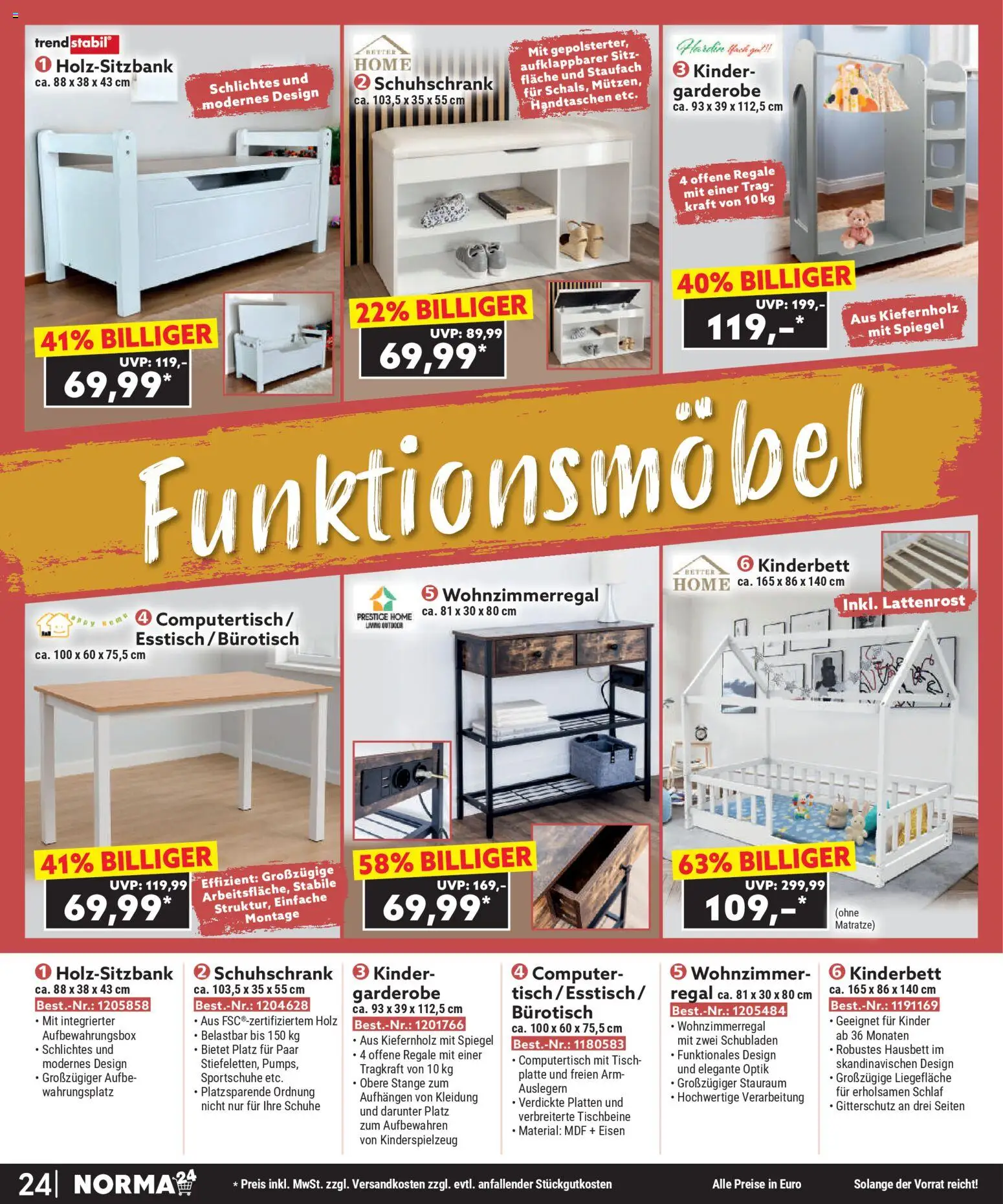 Norma Bestellmagazin Januar 2026 – gültig ab 01.01.2026 | Seite: 24 | Produkte: Esstisch, Lattenrost, Regal, Tisch