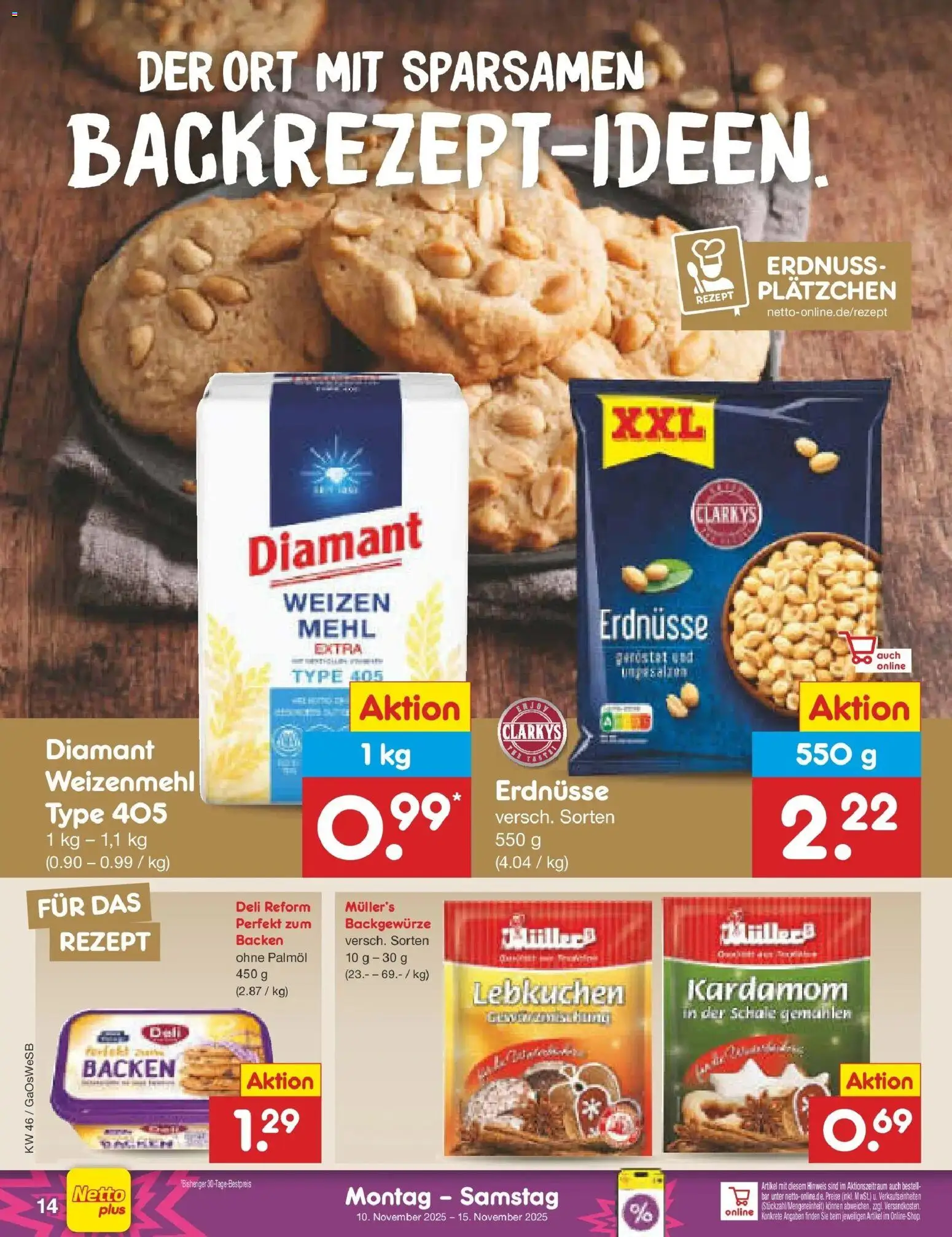 Netto Marken-Discount - Netto: Wochenangebote – gültig ab 10.11.2025 | Seite: 14 | Produkte: Erdnüsse, Mehl, Weizenmehl, Deli reform