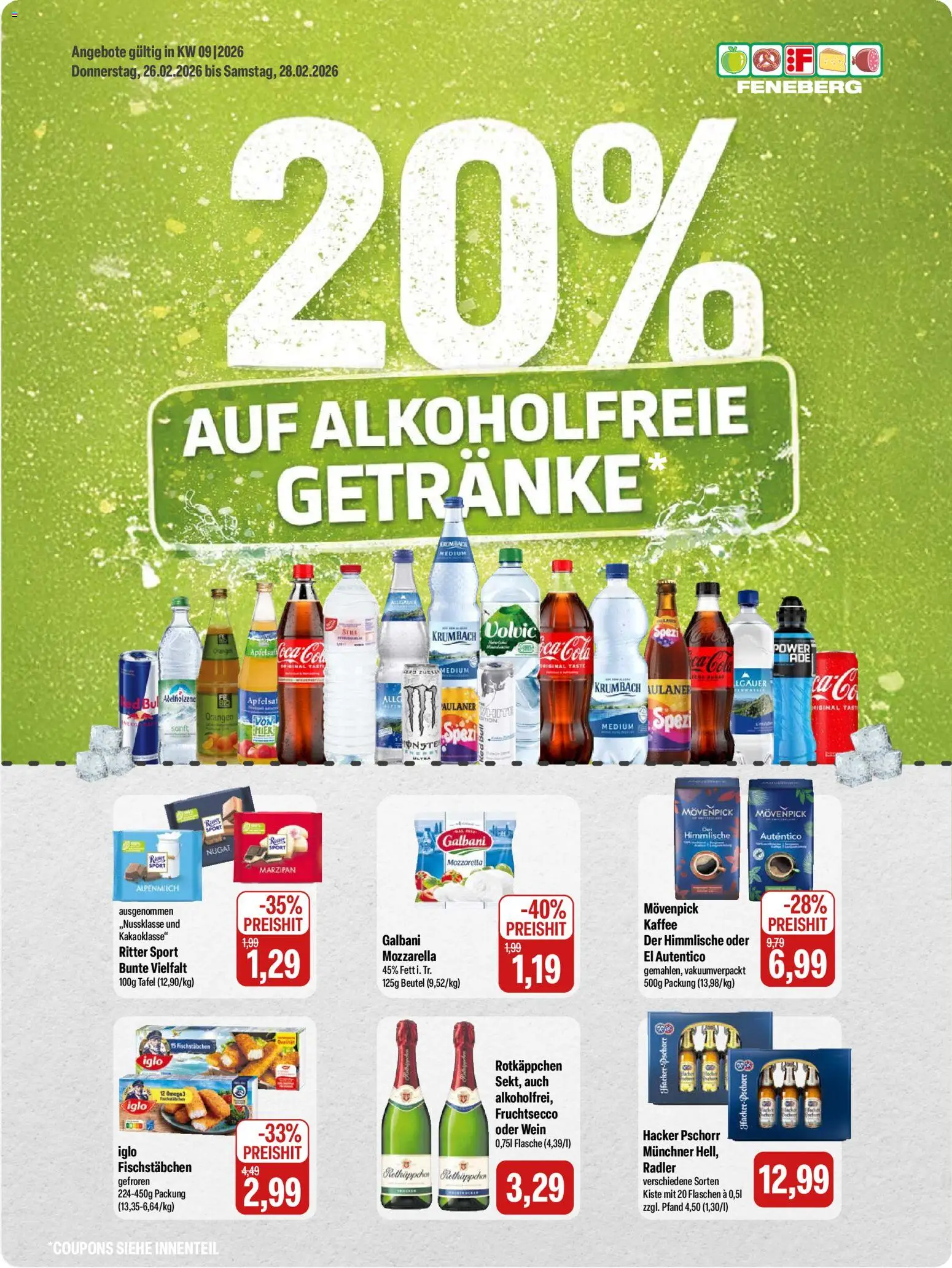 Feneberg Angebote – gültig ab 26.02.2026 | Seite: 1 | Produkte: Mozzarella, Ritter sport, Orangen, Fruchtsecco