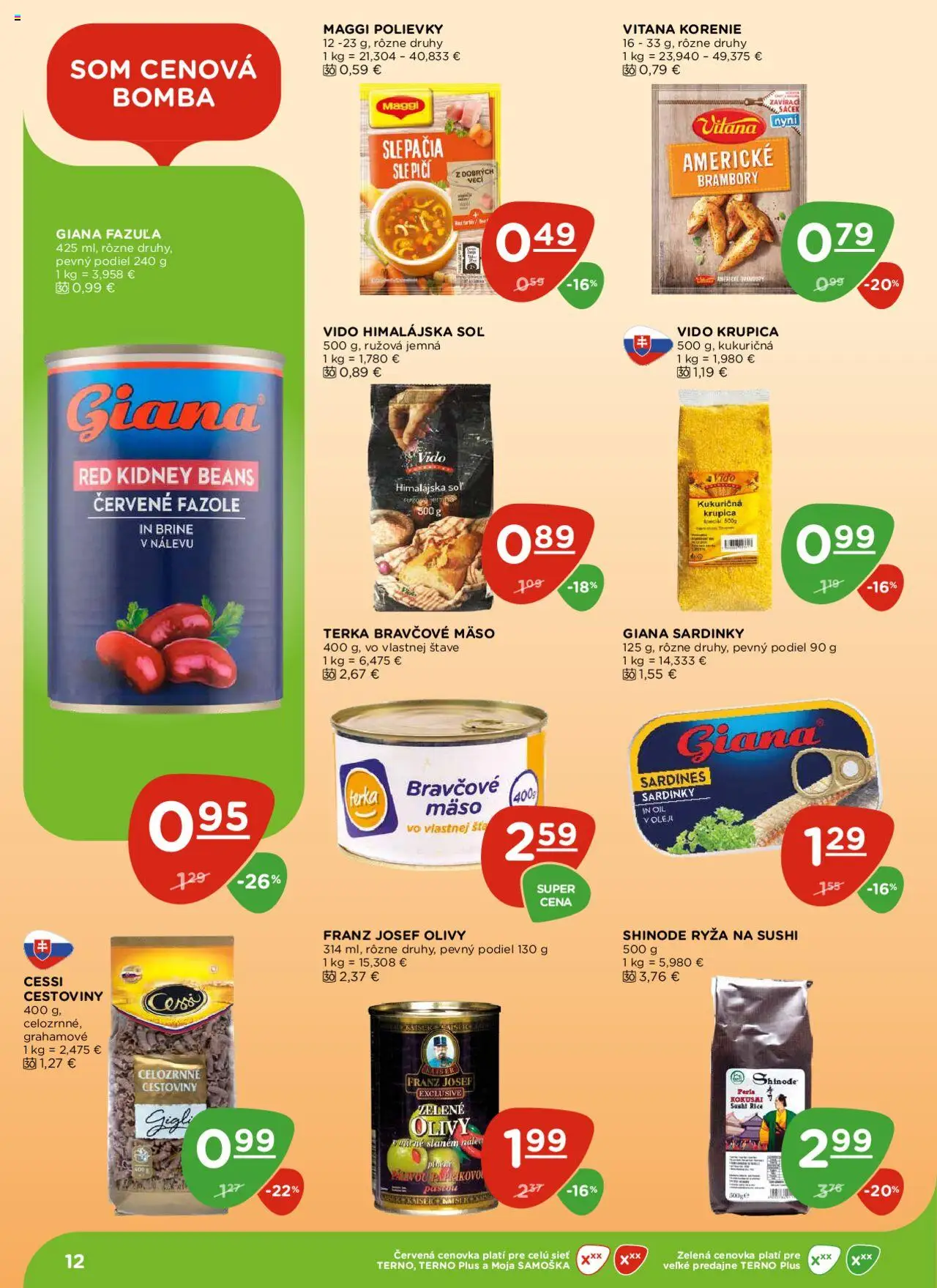 Nové Terno akcie – leták je platný od 16.10.2025 | Strana: 12 | Produkty: Sardinky, Ryža, Bravčové mäso, Sushi