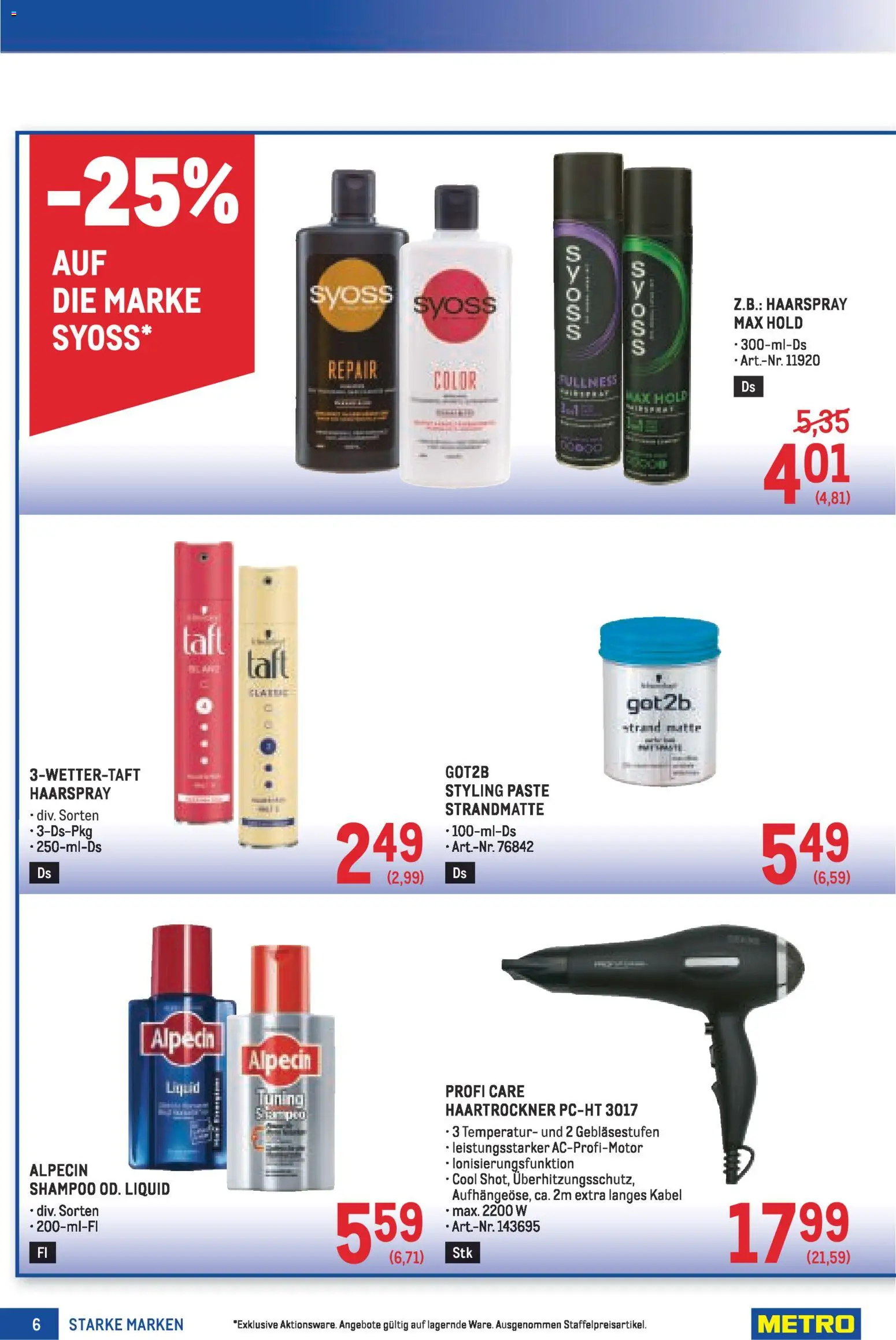 Metro Starke Marken gültig ab 19.02.2026 | Seite: 6 | Produkte: Kabel, Haartrockner, Shampoo, Haarspray