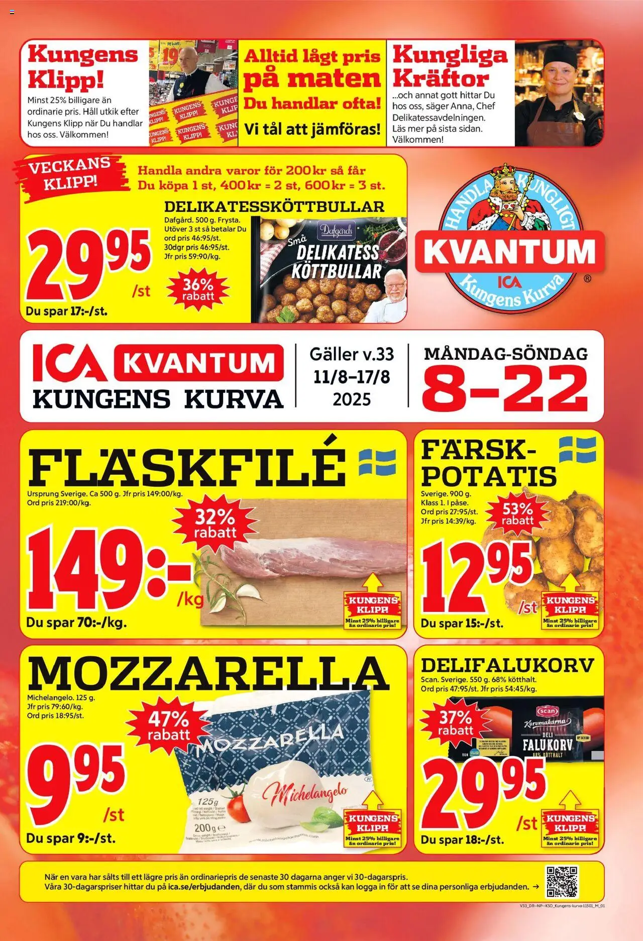 ICA Kvantum reklamblad aktuell från 11.08.2025 | Sida: 1 | Produkter: Köttbullar, Galler, Falukorv, Potatis