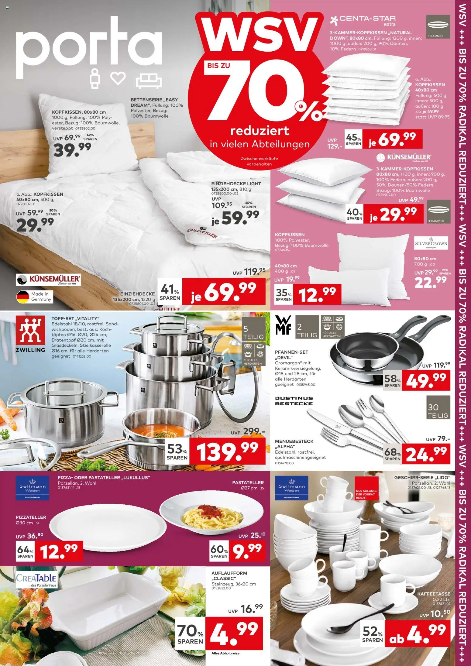 Porta! WSV bis zu 70% reduziert - Aachen  – gültig ab 19.01.2026 | Seite: 1 | Produkte: Kopfkissen, Pizza