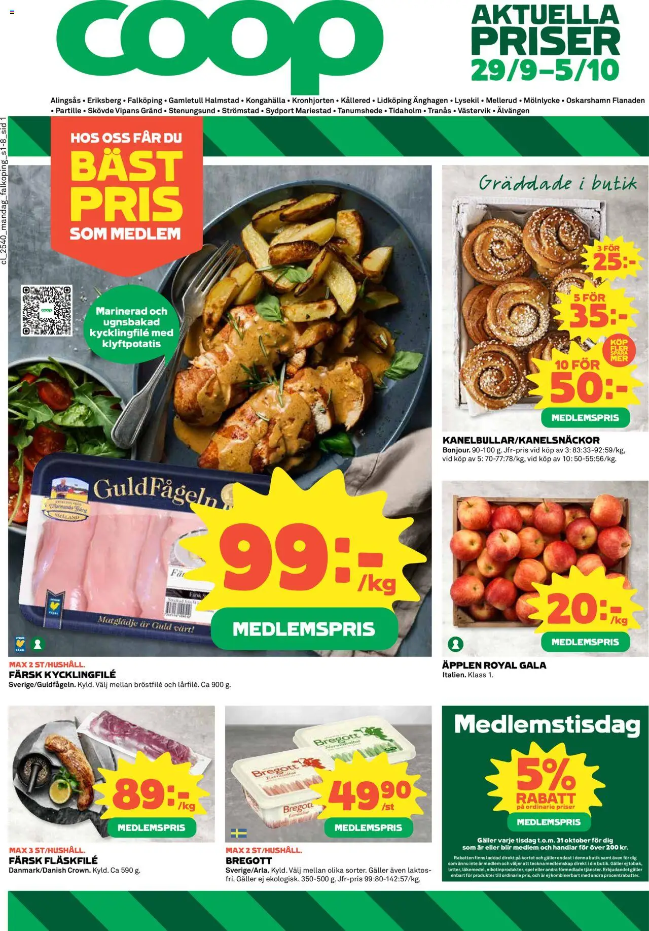 Coop reklamblad aktuell från 29.09.2025 | Sida: 1 | Produkter: Kycklingfile, Galler, Bregott, Äpplen