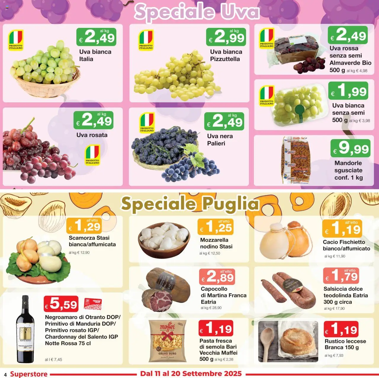 Volantino Sì con Te del 04.09.2025 | Pagina: 4 | Prodotti: Mozzarella, Pasta, Mandorle, Uva
