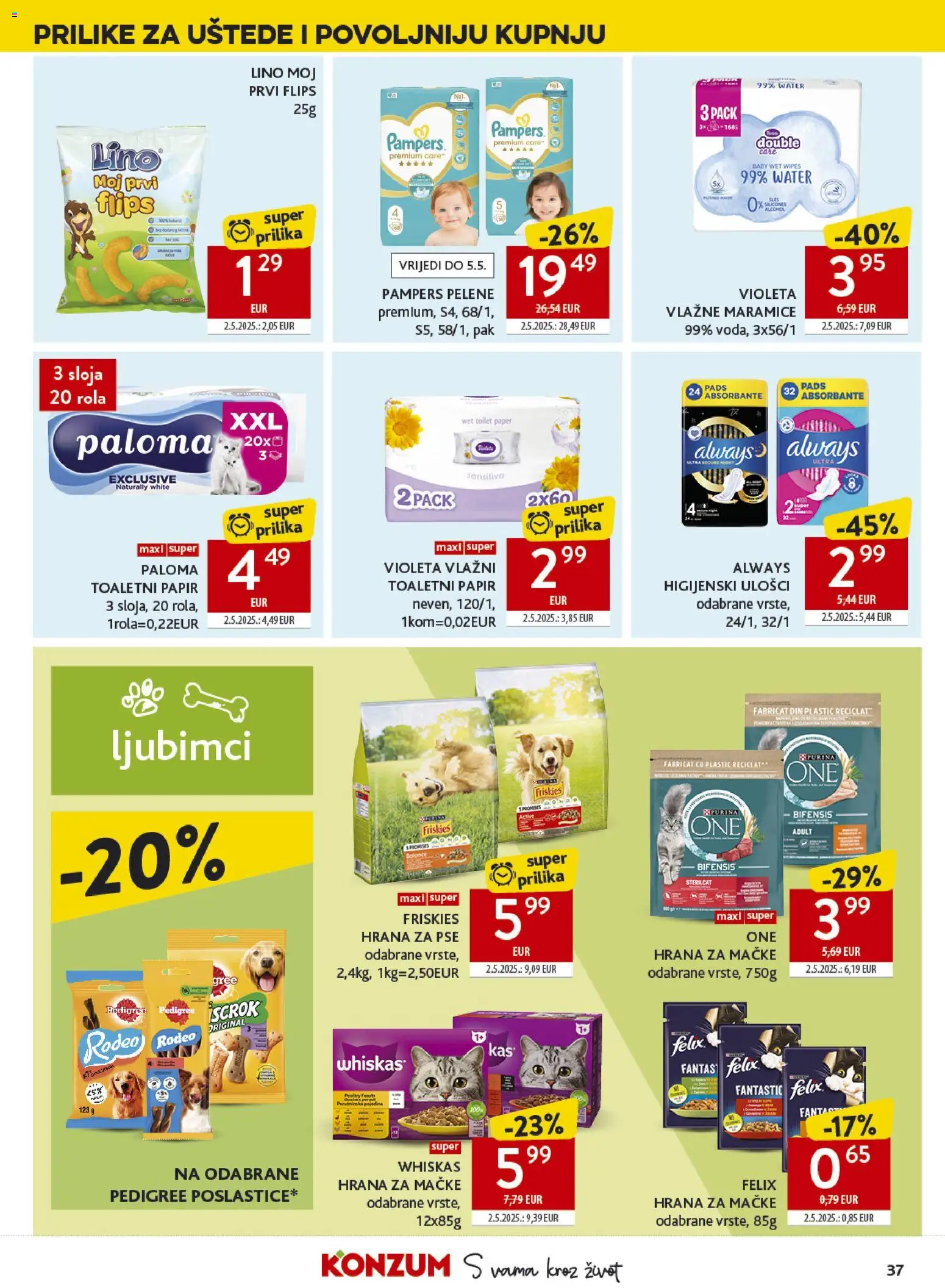 Konzum katalog | vrijedi od 22.04.2026 | Stranica: 37 | Proizvodi: Pelene, Hrana za mačke, Pampers, Violeta