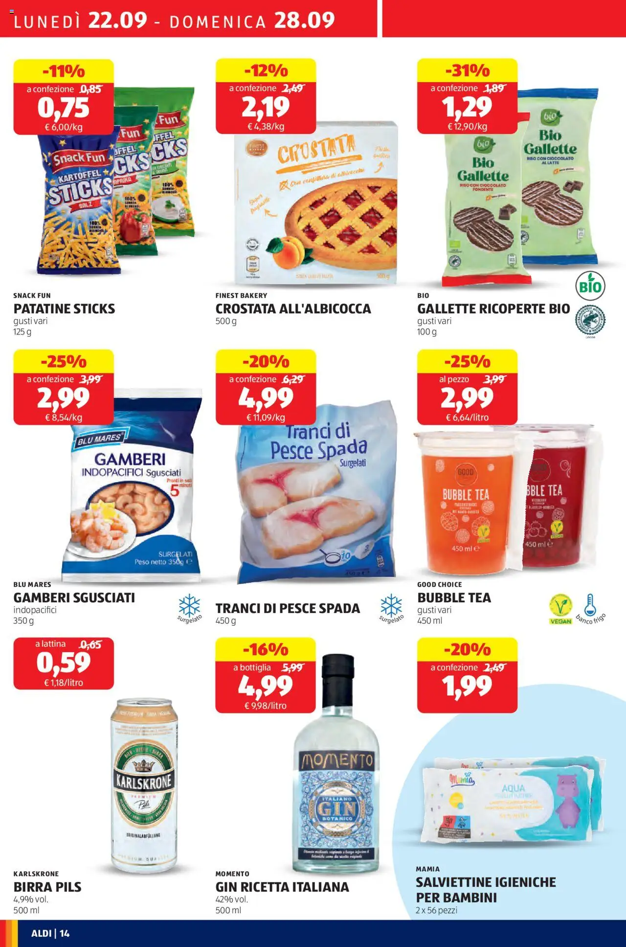 Volantino Aldi del 22.09.2025 | Pagina: 14 | Prodotti: Gamberi, Patatine, Gallette, Pesce spada