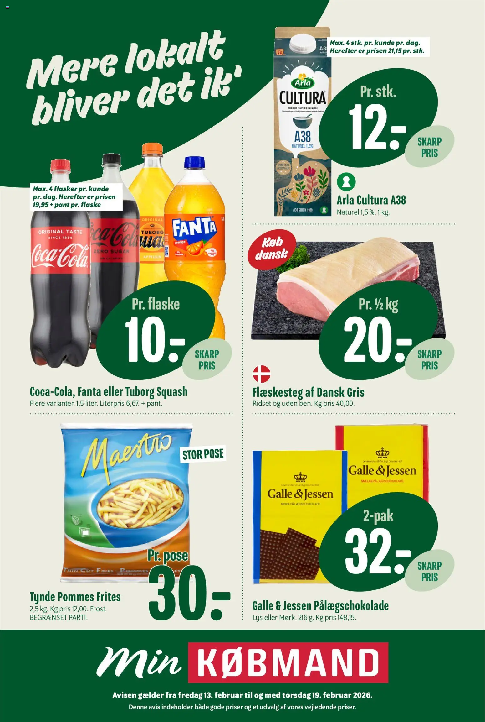 Min Købmand tilbudsavis – gyldig fra 13.02.2026 | Side: 1 | Produkter: Pommes frites, Squash, Flæskesteg, Tuborg Squash