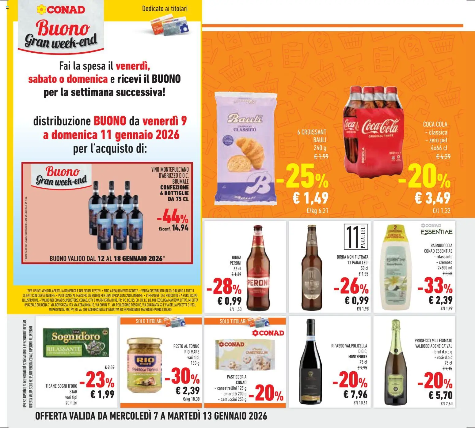 Volantino Conad del 07.01.2026 | Pagina: 14 | Prodotti: Prosecco, Tonno, Croissant, Coca Cola
