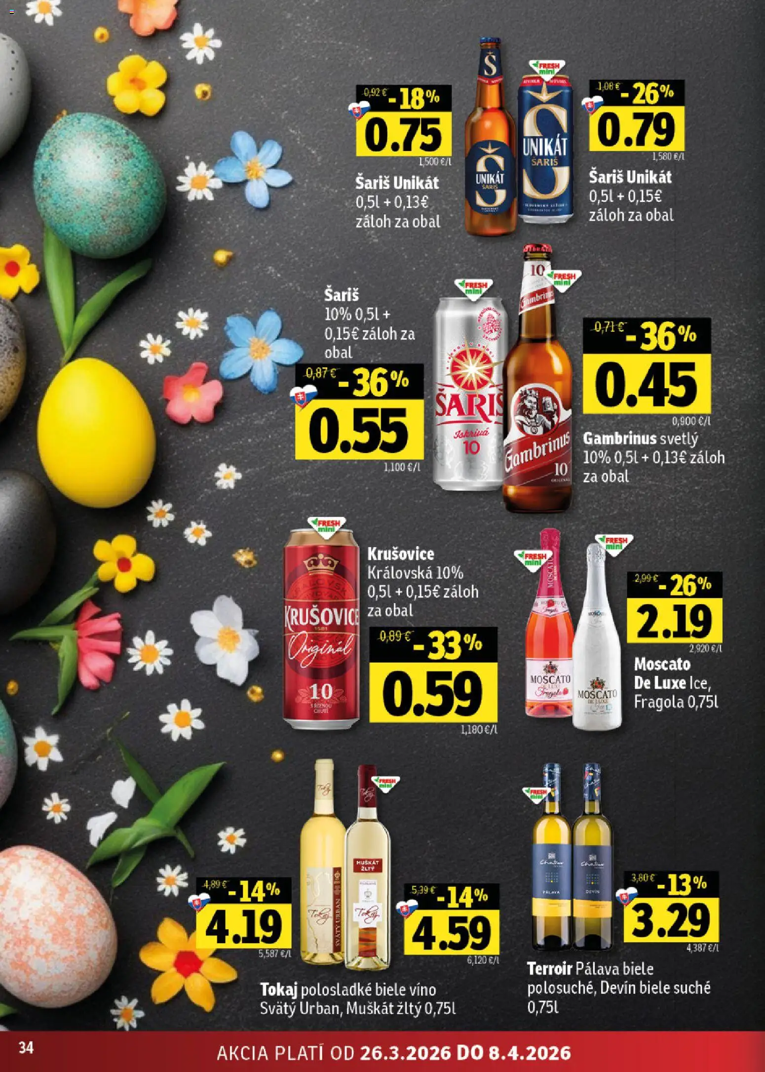 Nové Fresh akcie – leták je platný od 26.03.2026 | Strana: 34 | Produkty: Biele víno, Víno, Krušovice, Šariš