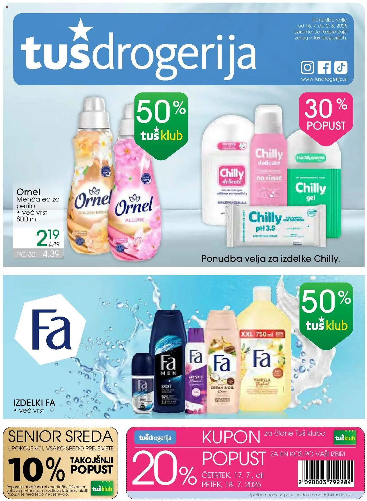 Tuš drogerija katalog │ velja od 16.07.2025 | Stran: 1 | Izdelki: Mehčalec, Kos, Mehcalec za perilo