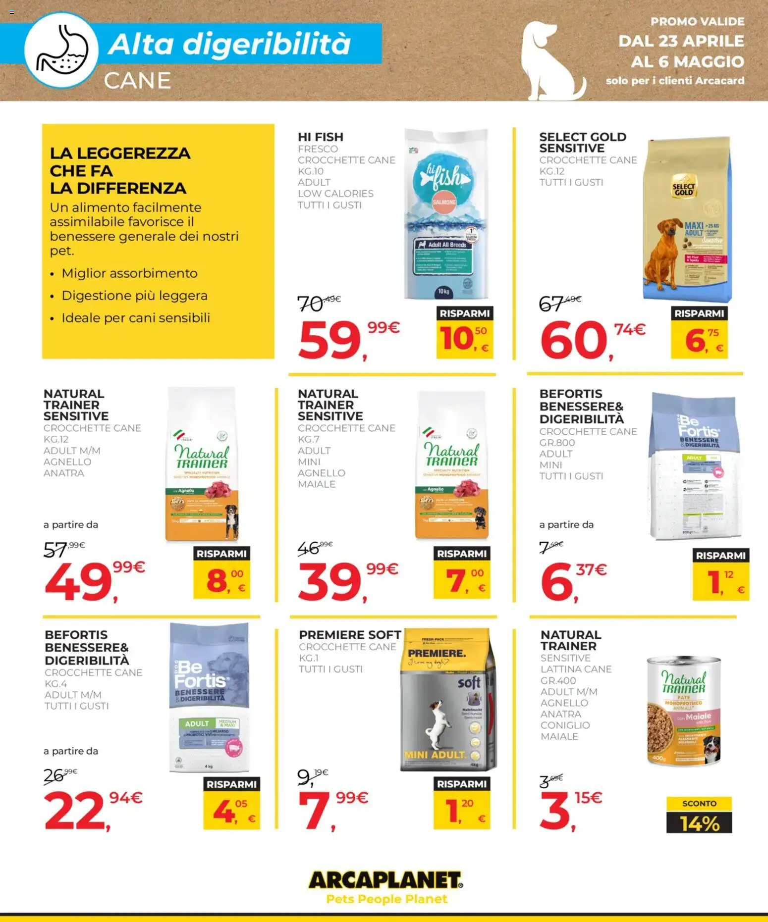 Volantino Arcaplanet del 23.04.2026 | Pagina: 14 | Prodotti: Maiale, Salmone, Crocchette, Agnello