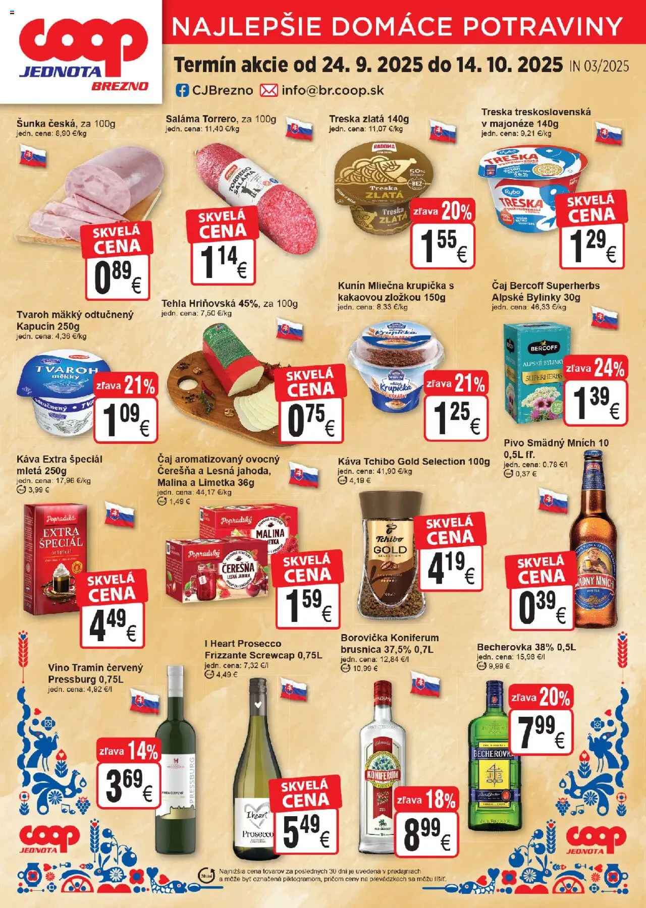 Nové COOP Jednota akcie – leták je platný od 24.09.2025 | Strana: 1 | Produkty: Káva, Čaj, Koniferum, Tvaroh