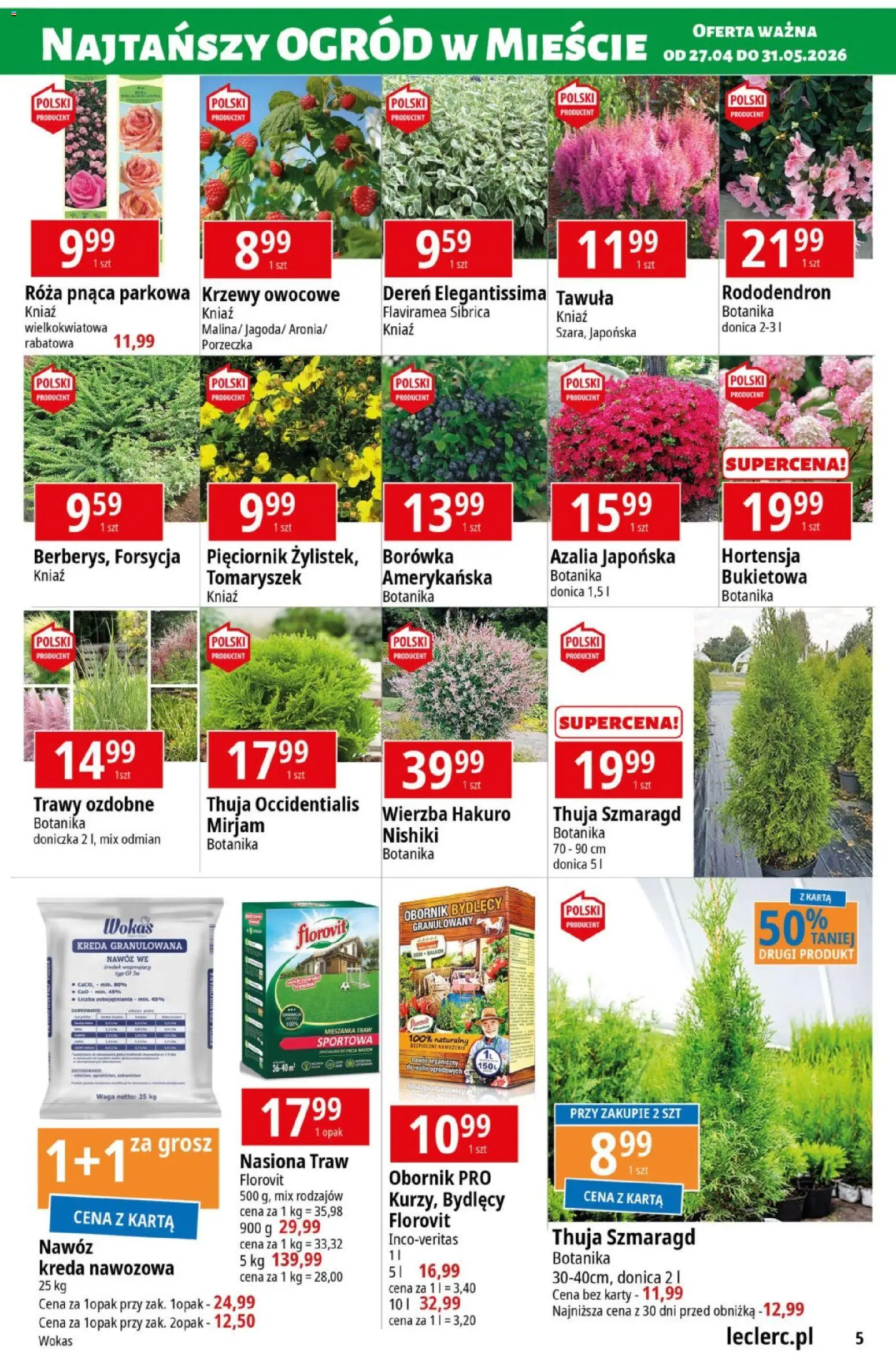 E.Leclerc gazetka - Radom od 27.04.2026 | Strona: 5 | Produkty: Karta, Trawy, Krzewy owocowe, Doniczka