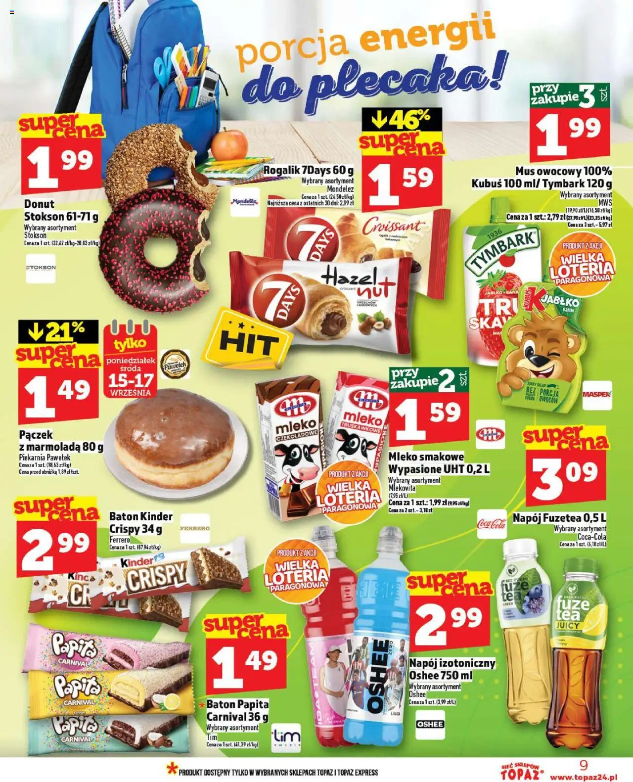 Topaz Gazetka MAZ od 11.09.2025 | Strona: 9 | Produkty: Coca cola, Donut, Baton, Mleko