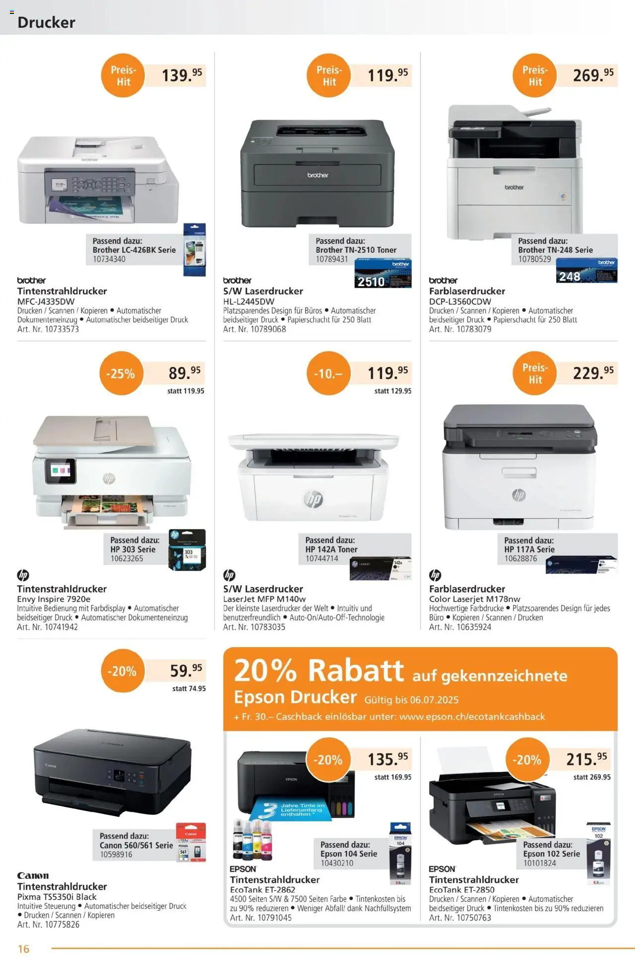 Fust Aktionen ab 23.06.2025 | Seite: 16 | Produkte: Laserdrucker, Tintenstrahldrucker, Toner, Epson
