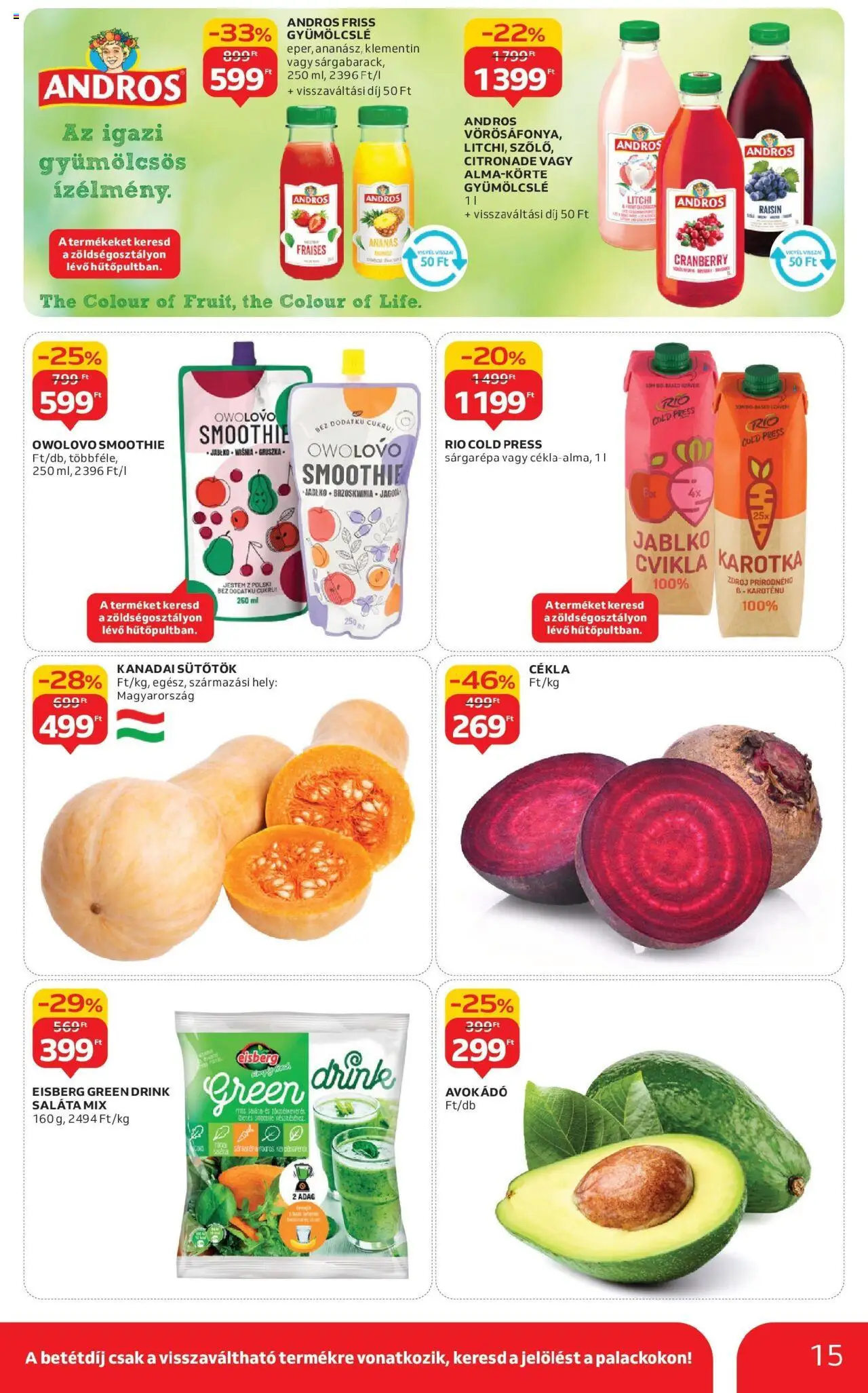 Auchan akciós ujság - amely érvényes a következő dátumtól: 04.09.2025 | Oldal: 15 | Termékek: Gyümölcslé, Saláta mix, Smoothie, Avokádó
