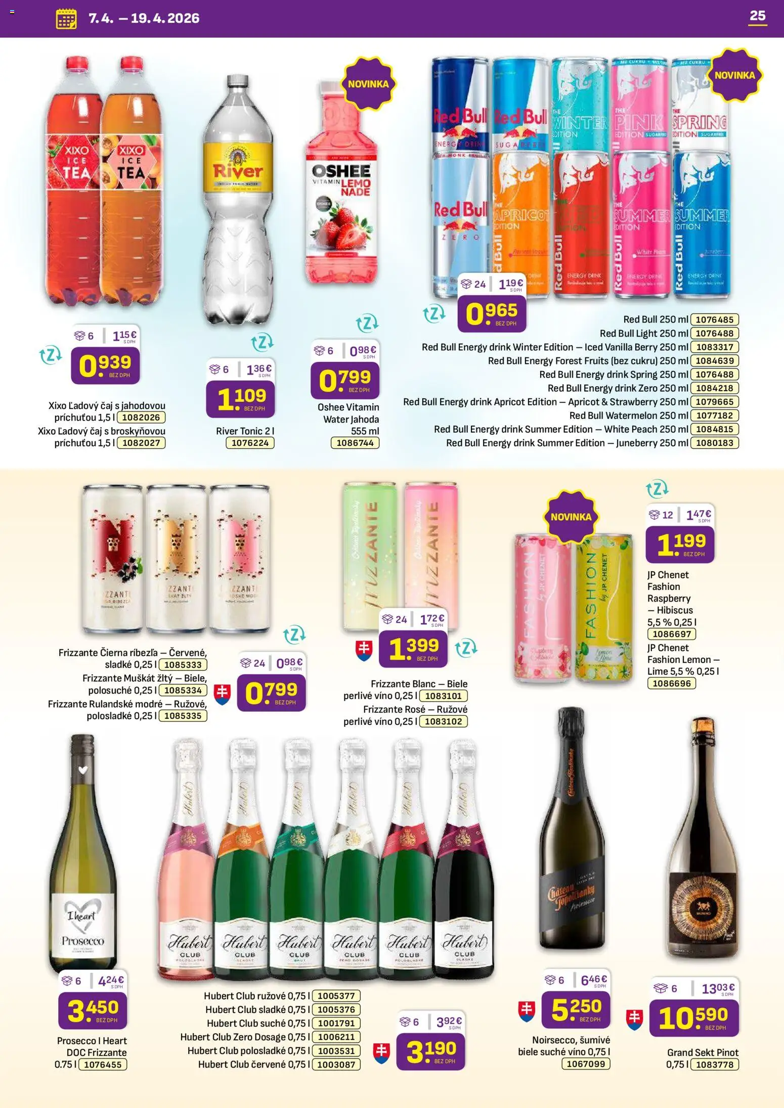Nové Libex akcie – leták je platný od 07.04.2026 | Strana: 25 | Produkty: Víno, Čaj, Red Bull, Perlivé víno
